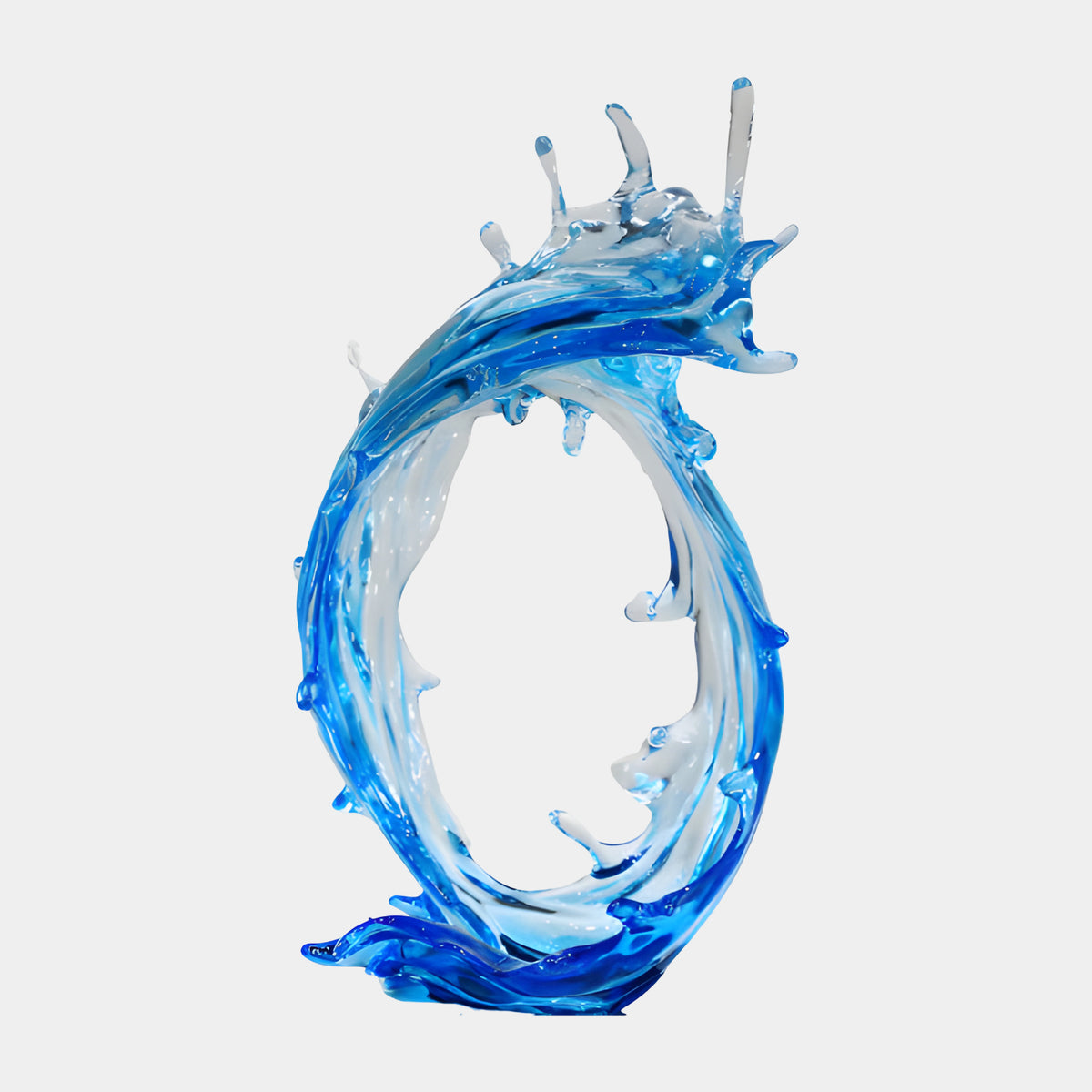 Blue & Clear Rimless Hoop Wave Cast Resin Sculpture - 66cm, a swirling wave-form hoop with spiked crest, on a plain white background.