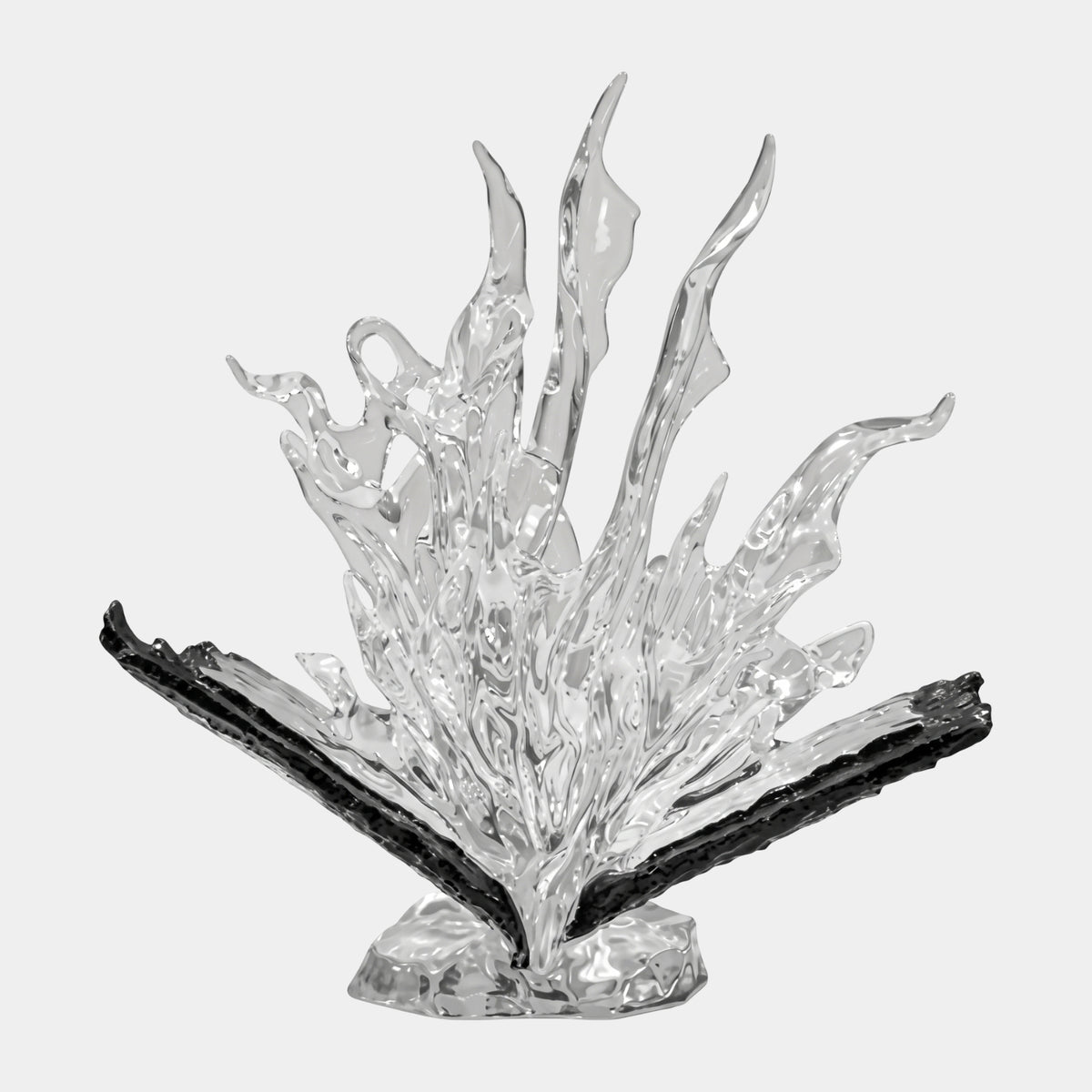 Clear & Black Winged Burst Resin Sculpture - 48cm, with flame-like clear resin tongues rising between two black-edged wing-like blades on a faceted clear base, set against a plain white background.