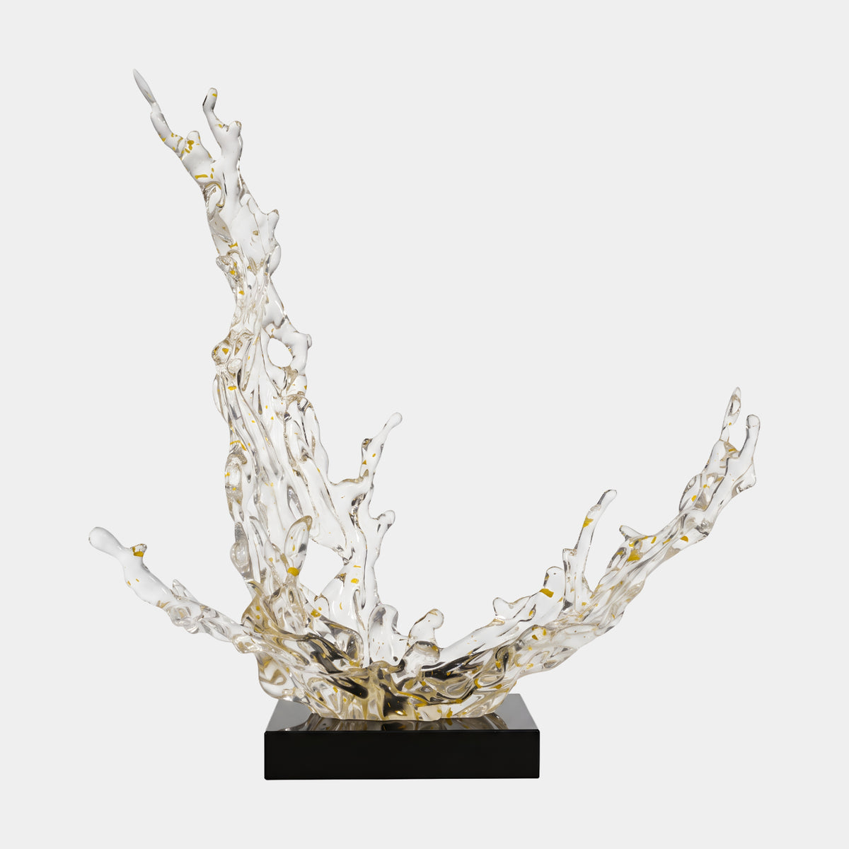 Clear Gold Fleck Fanned Splash on Marble Resin Sculpture, 106cm, with a tall forked spire and sweeping arms on a black base, set against a plain white background.