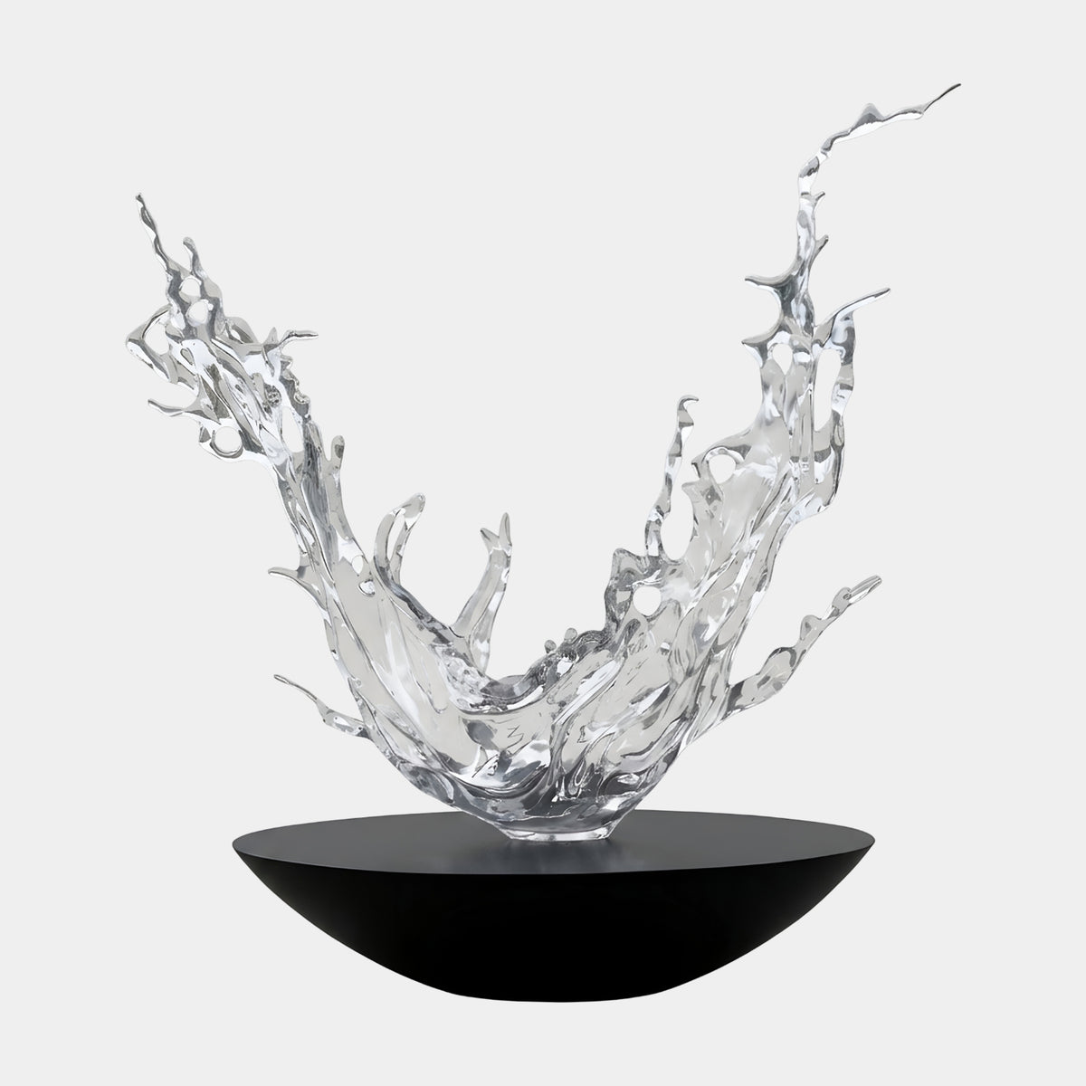 Clear Wide Crown Splash on Black Bowl Resin Sculpture, 177cm, showing clear resin spray arms rising from a black bowl base on a white background.