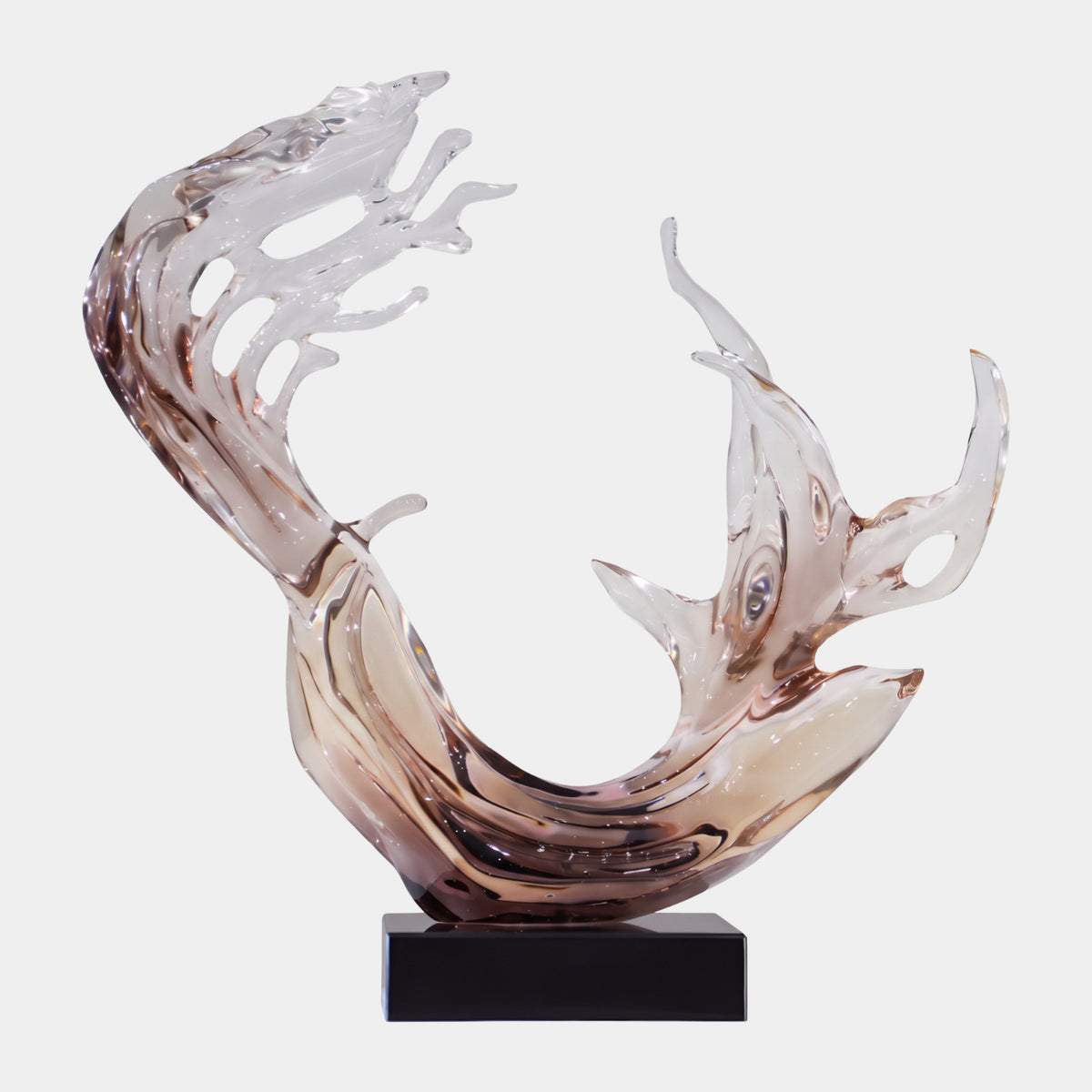 Rose Wave & Twin Fish Cast Resin Sculpture, 69cm, a smoky rose U-shaped wave with twin fish forms, on a black marble base against a plain white background.
