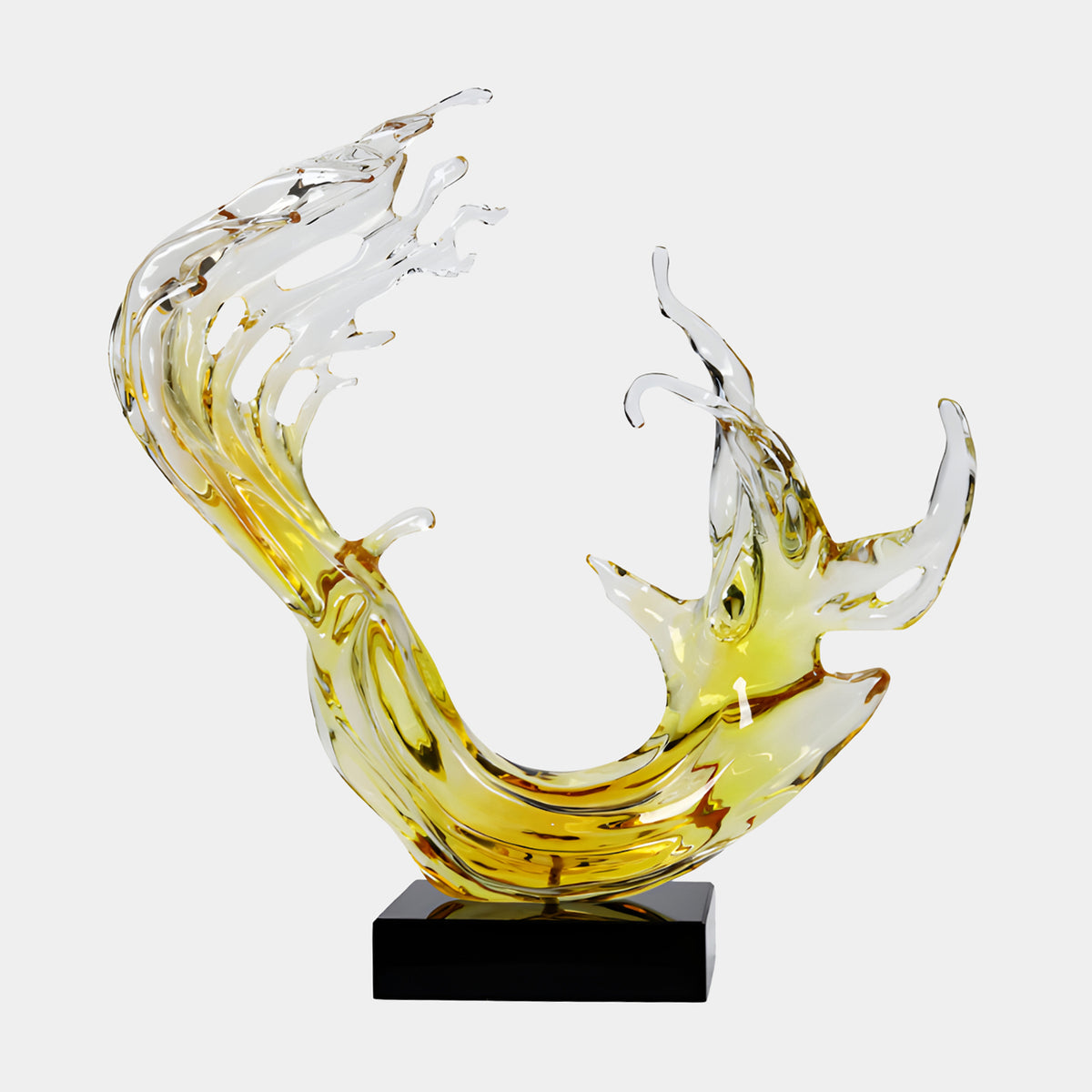 Yellow Wave & Twin Fish Cast Resin Sculpture, 69cm, amber-to-clear glass-like wave with two leaping fish, set on a black base against a plain white background.