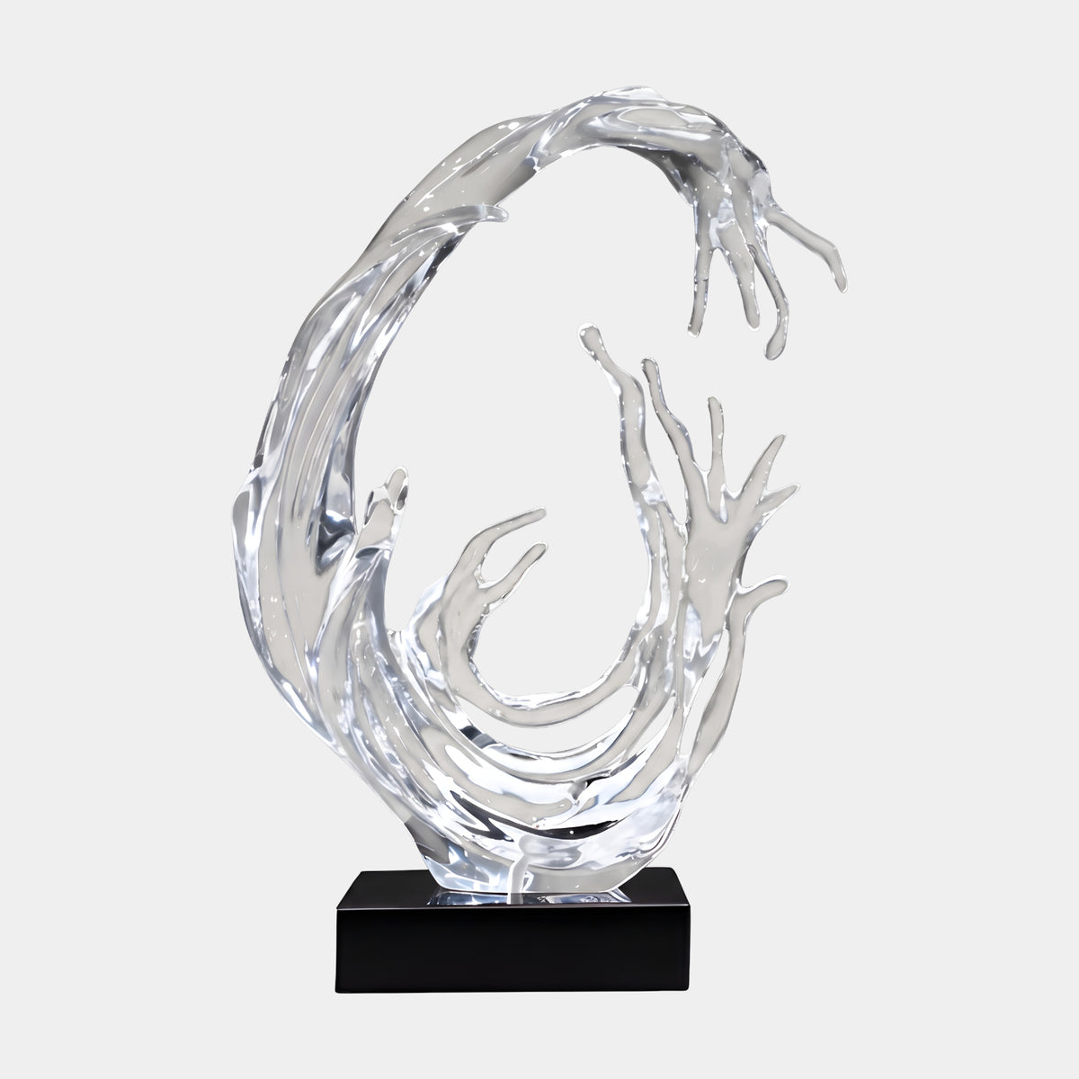 Clear Overhanging Curl Wave Resin Sculpture, 71cm, by Giant Sculptures, arching curl with finger-like sprays reaching toward each other, on a black base against a plain light grey background.