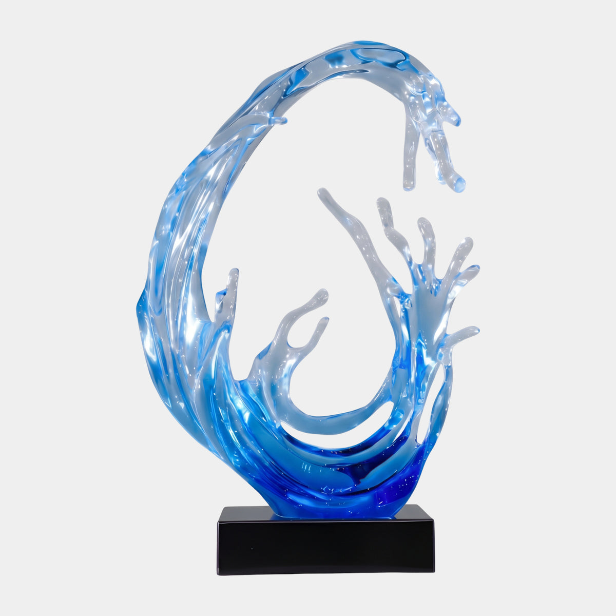 Blue & Clear Overhanging Curl Wave Resin Sculpture, 71cm, with cobalt blue deepening to pale azure and spraying fingers, on a black base against a plain white background.