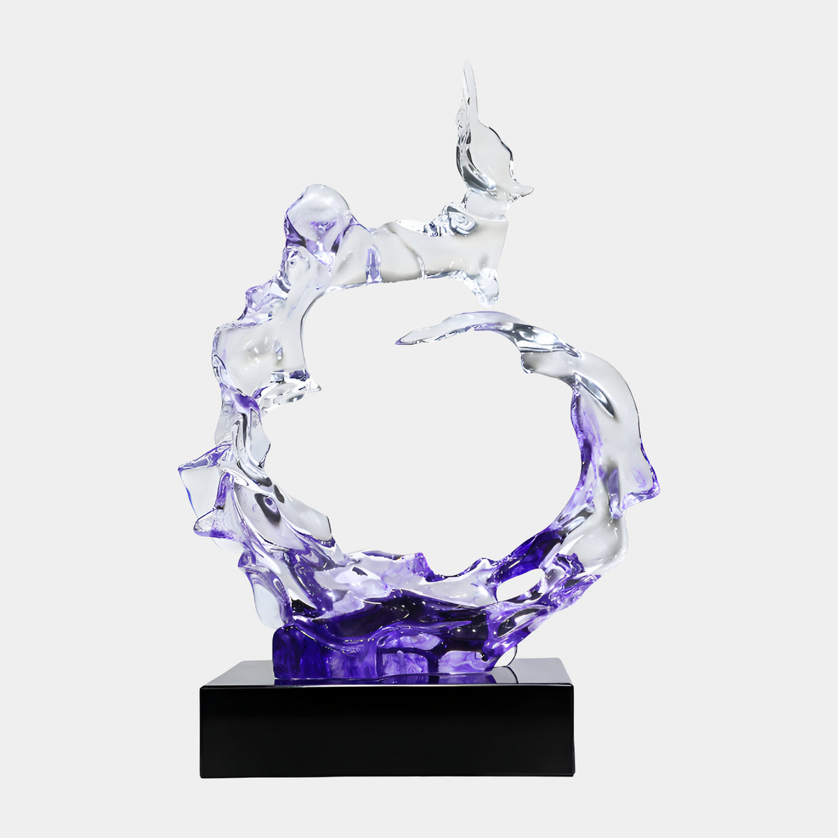 Purple & Clear Open Wave Ring Resin Sculpture, 56cm, with a curling wave form on a black base against a plain white background.
