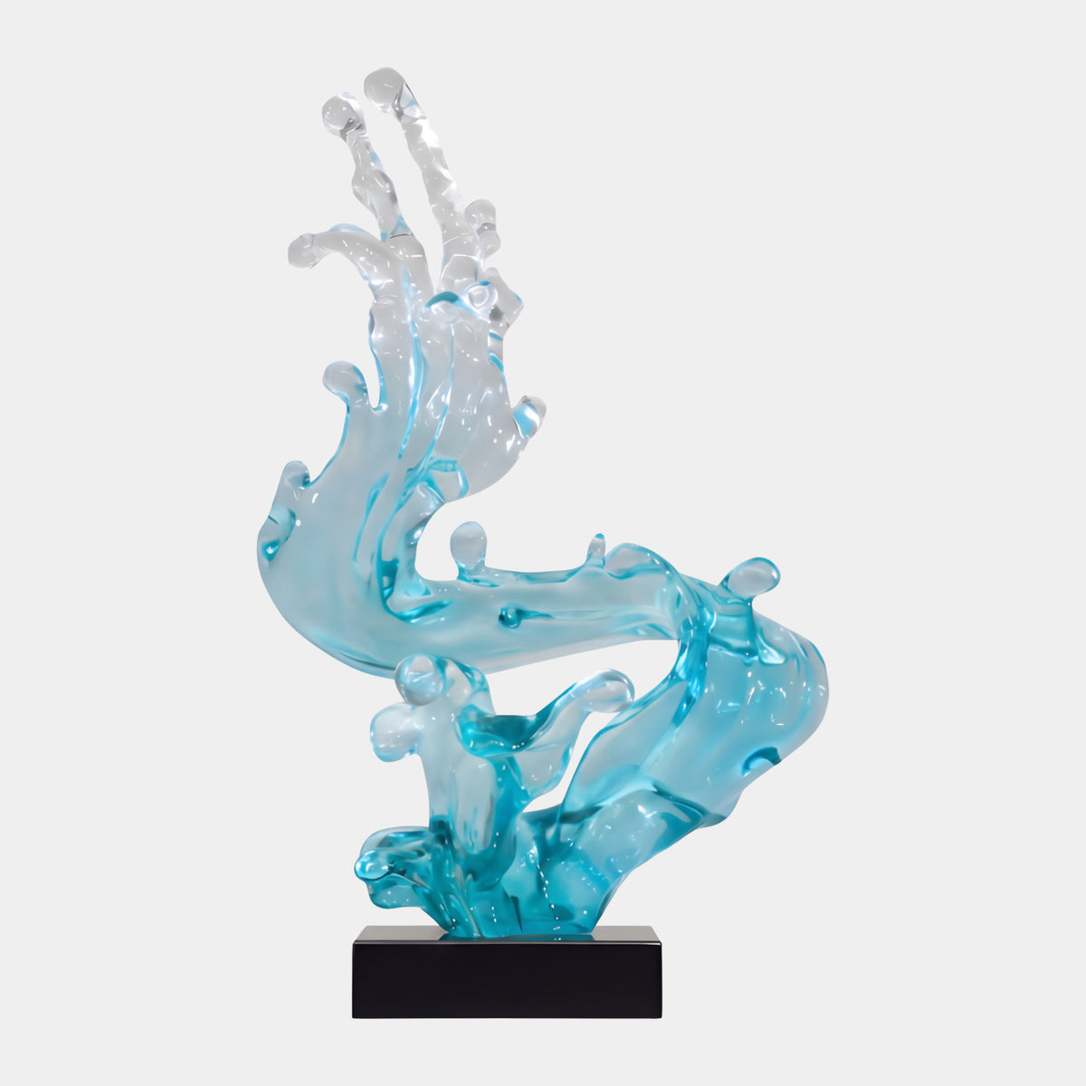 Pale Aqua & Clear S-Curve Wave Resin Sculpture, 75cm, showing a double-bend wave rising from turquoise base to clear tips on a black marble base, set against a plain white background.