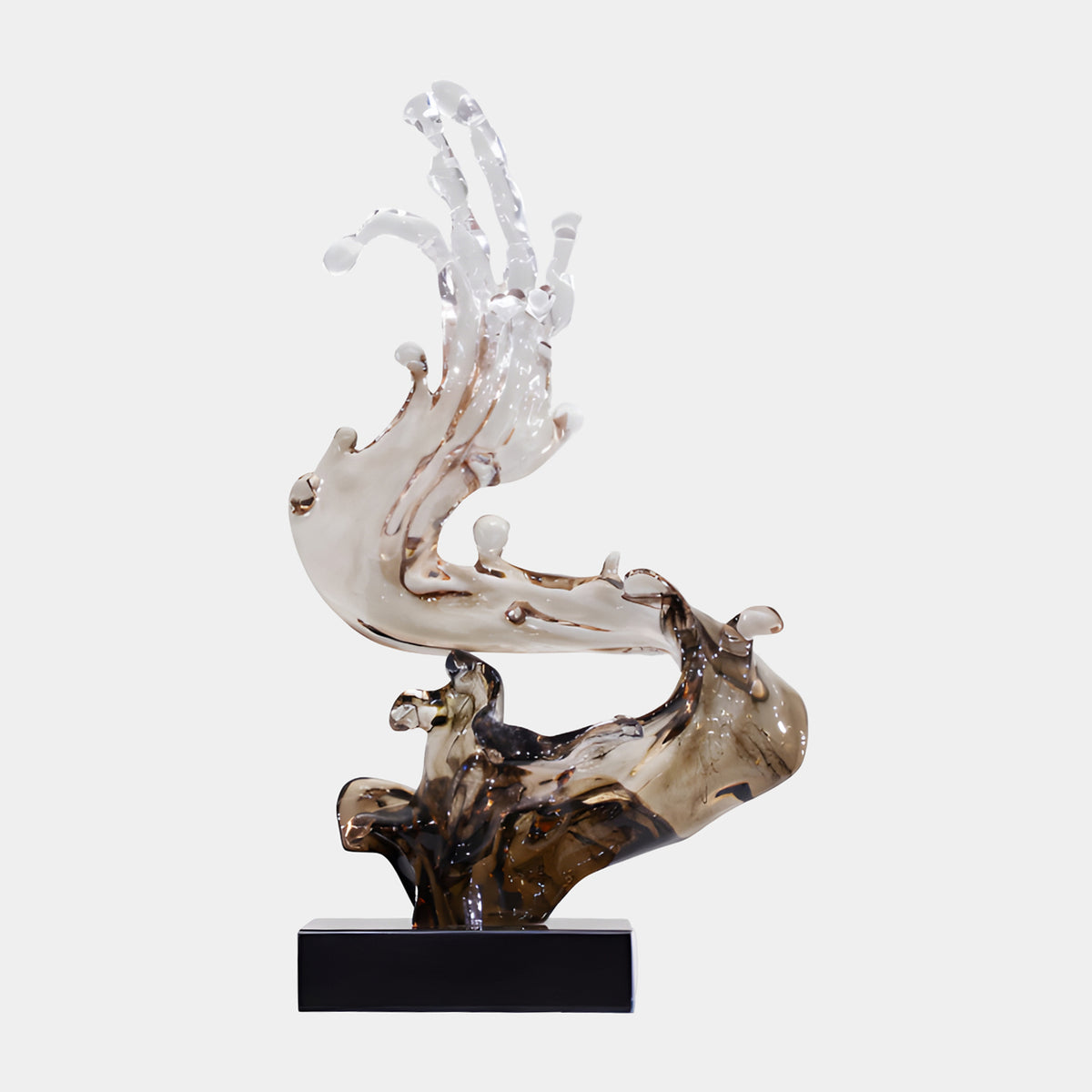 Smoky Brown & Clear S-Curve Wave Resin Sculpture, 75cm, on a black marble base, shown against a plain white background.