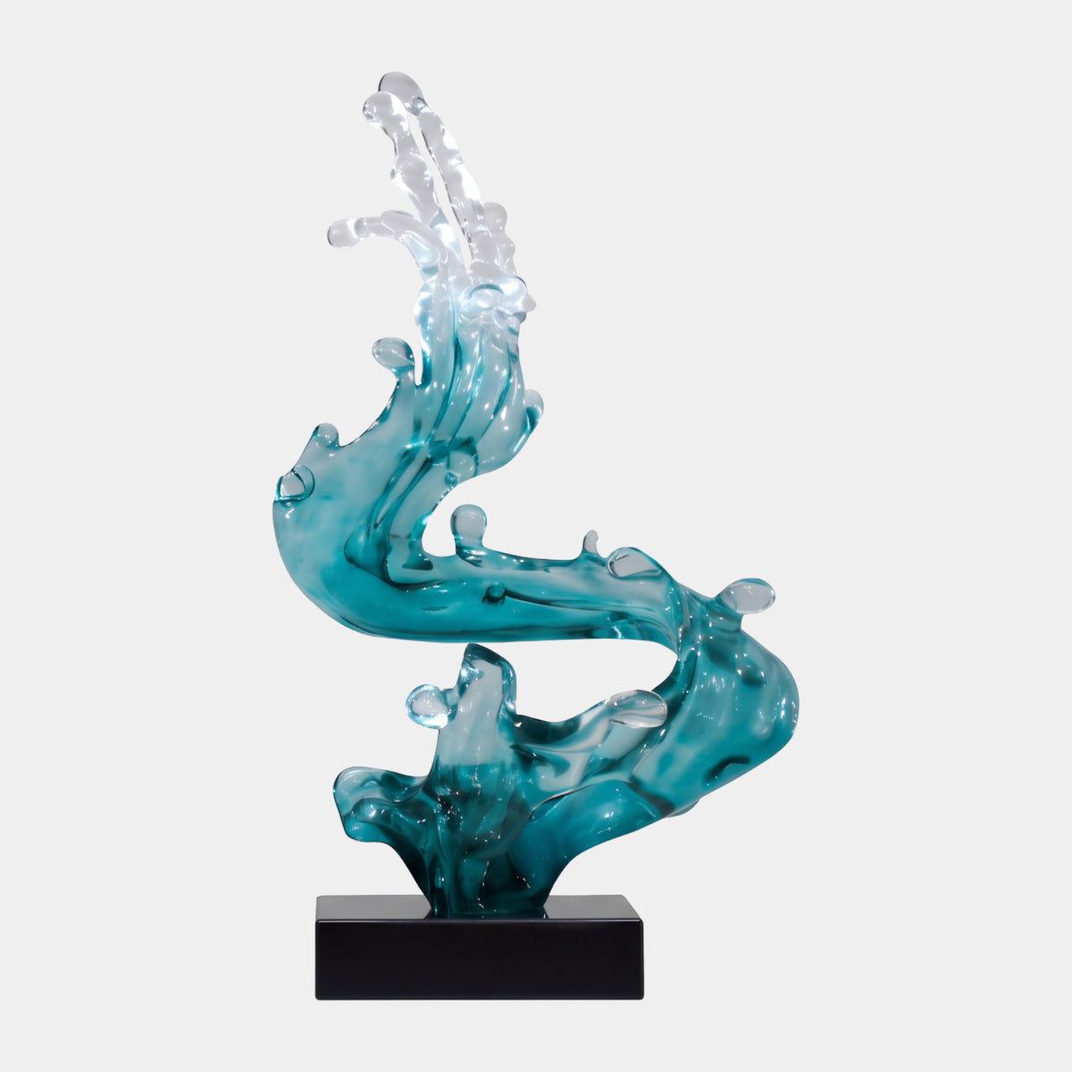Petrol Teal & Clear S-Curve Wave Resin Sculpture, 75cm, on a black marble base, set against a plain light grey background.