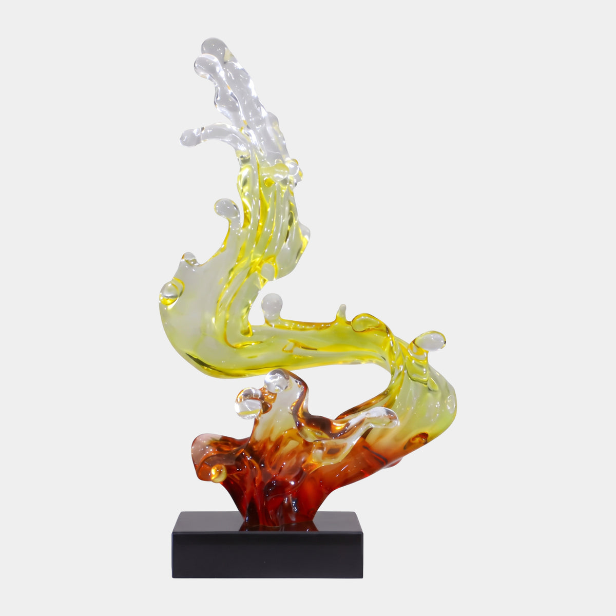 Giant Sculptures Yellow & Amber S-Curve Wave Resin Sculpture, 75cm, on a black marble base with amber base fading to yellow at the crest, shown against a plain white background.