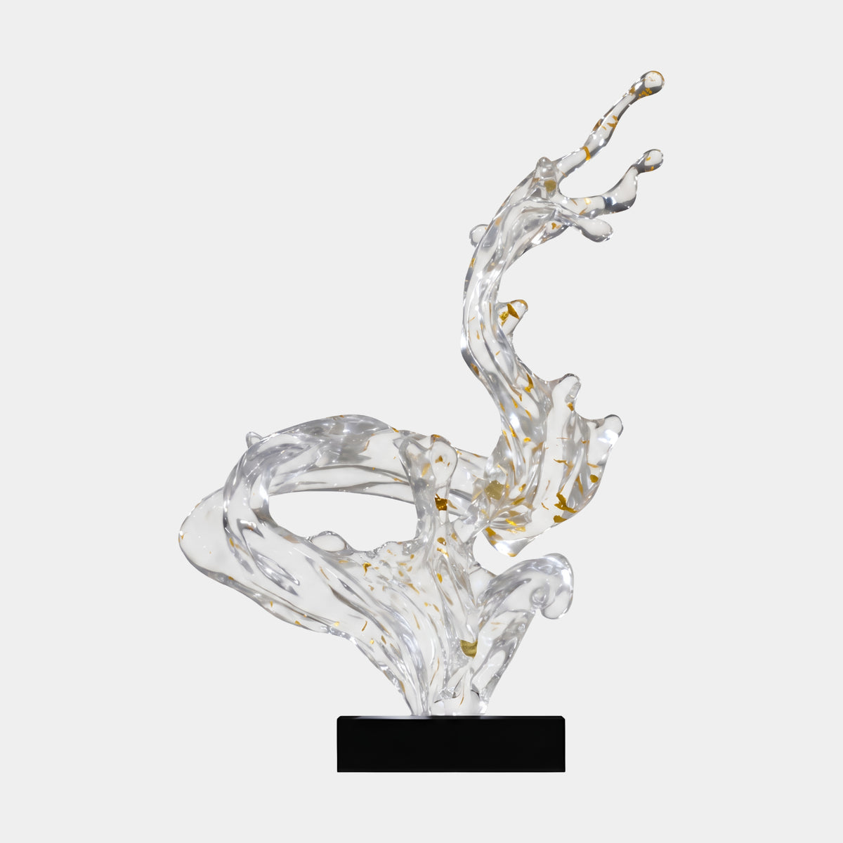 Clear Gold Fleck Curling Splash on Marble Resin Sculpture, 82cm, with a looping wave curve rising to finger-like droplet tips, on a black base against a plain white background.