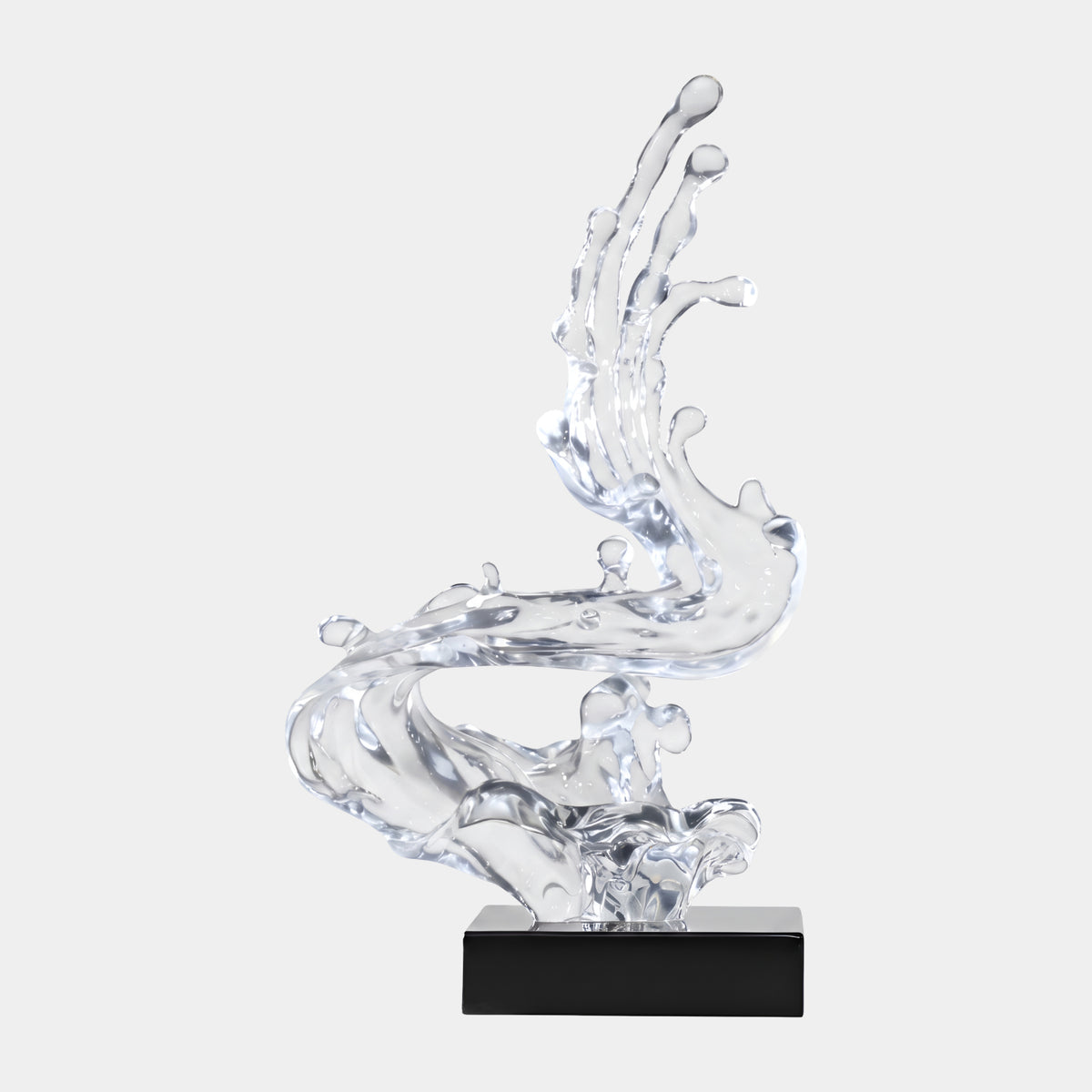 Clear Curling Splash Resin Sculpture - 82cm, an S-shaped wave form with slender fingertip droplets, mounted on a black rectangular base against a plain white background.
