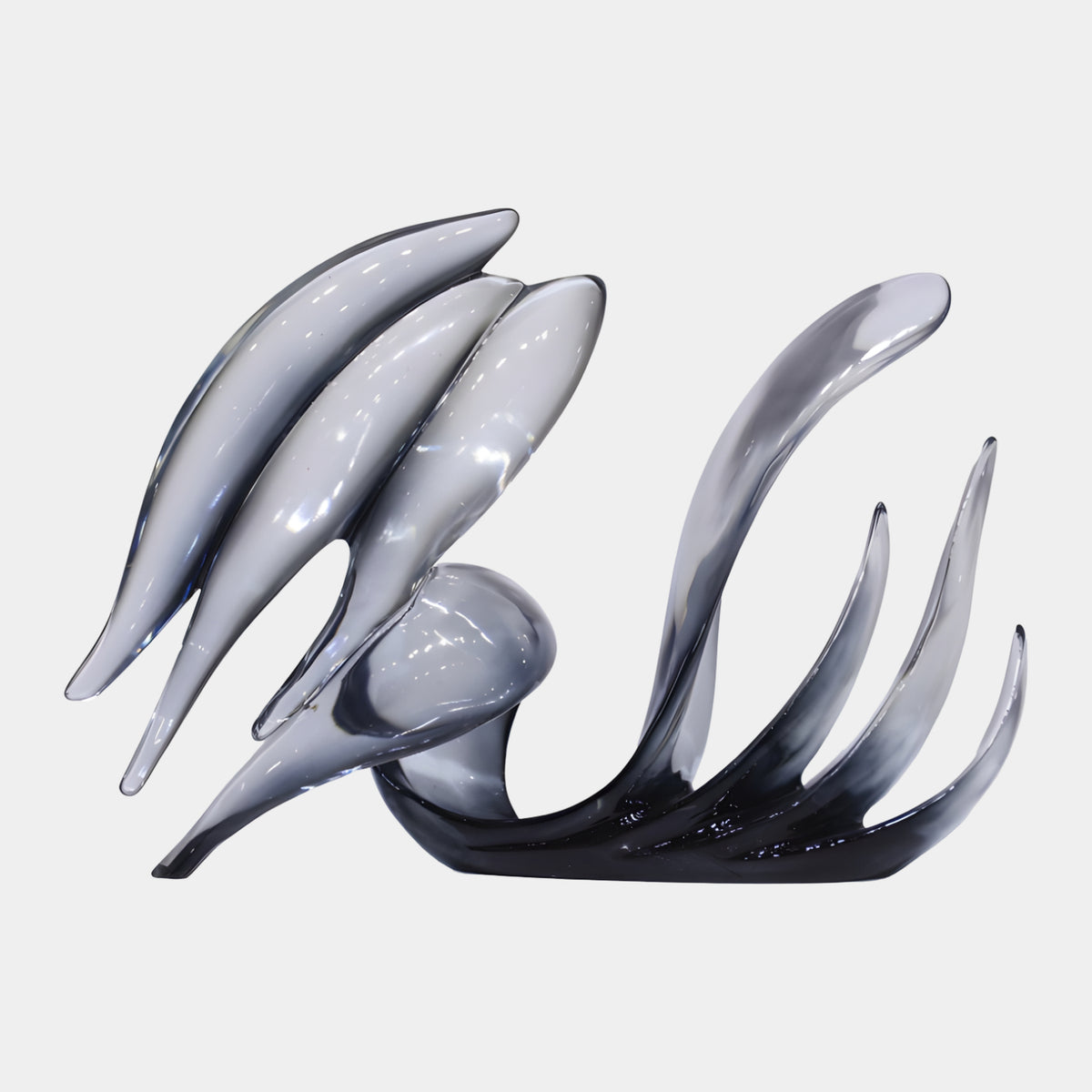 Grey Shaded Leaning Blades Resin Sculpture - 45cm, with smoky grey curved blades branching from a dark sweeping base, shown on a plain white background.