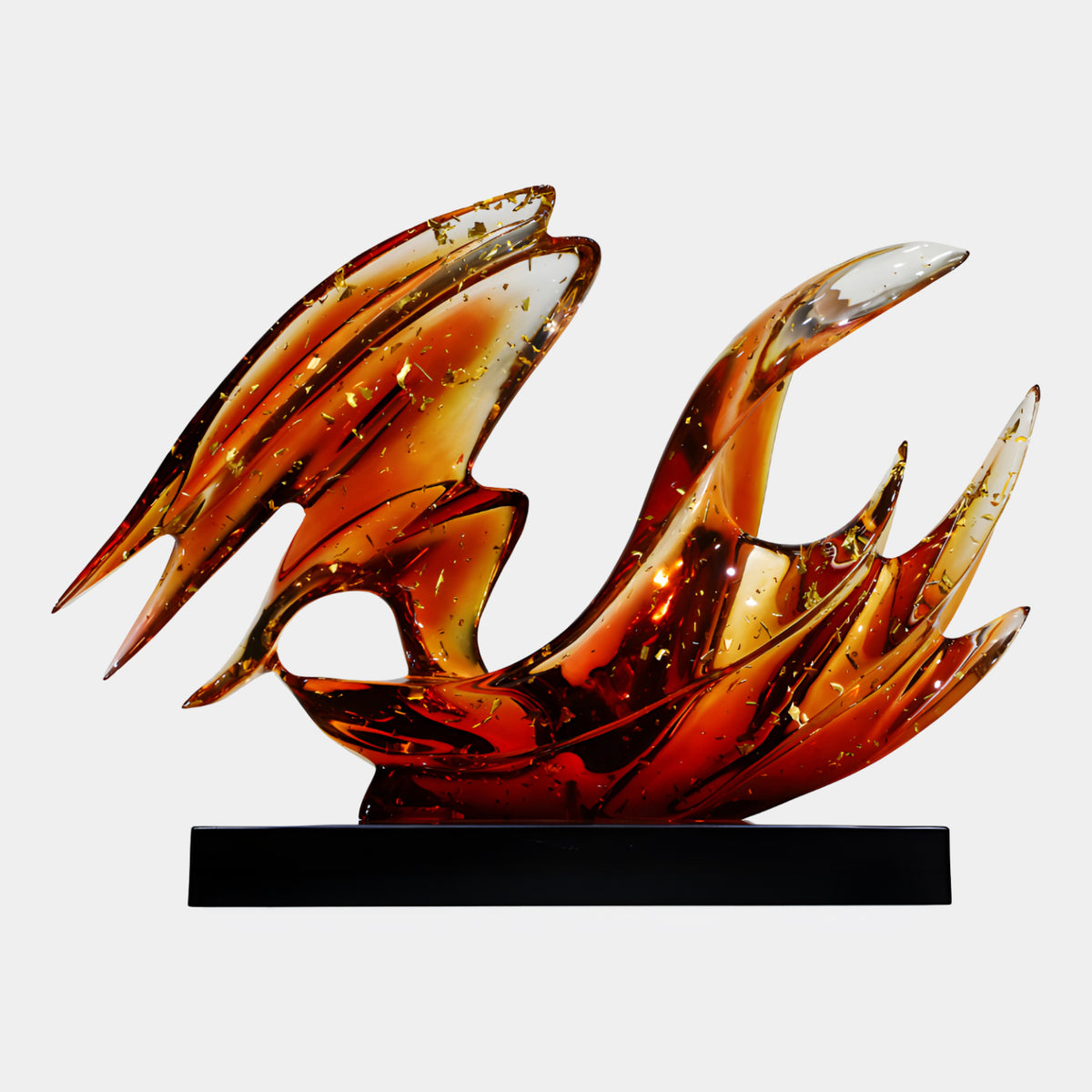 Amber Gold Fleck Folded Wing Blade Wave Resin Sculpture, 82cm, with gold-flecked blades curving into a hook on a black base, plain white background.