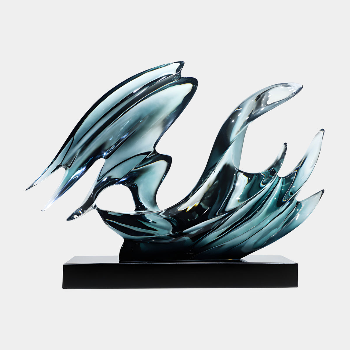 Smoky Teal Folded Wing Blade Wave Resin Sculpture, 82cm, with a broad folded wing of blades on one side and a curved crook-like blade on the other, on a black base against a plain light background.