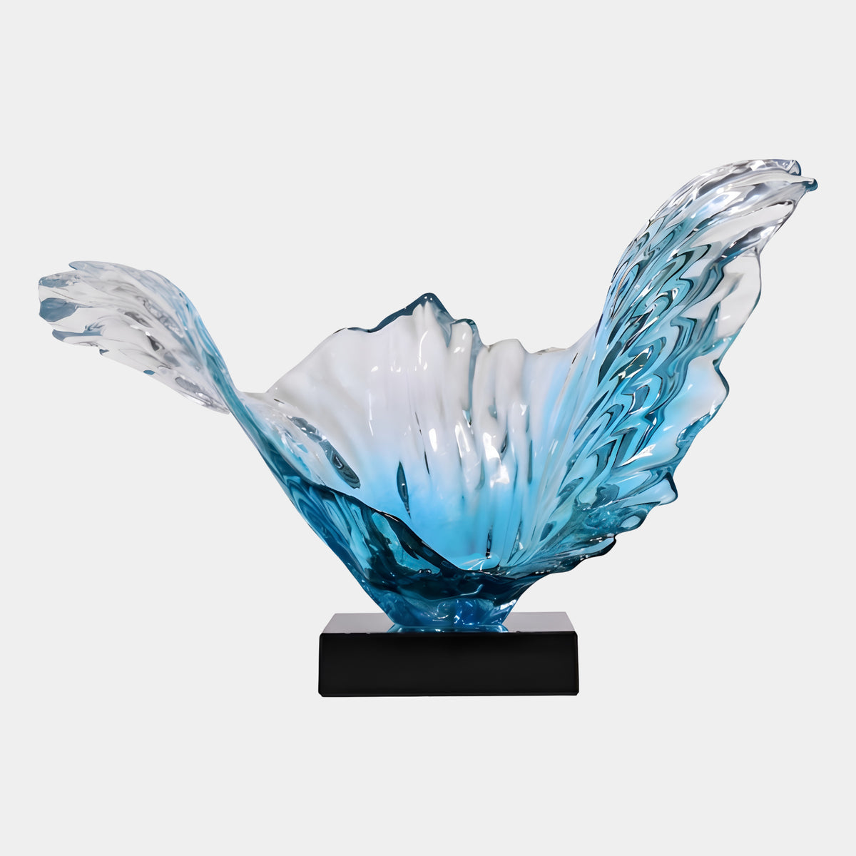 Sky Blue Ribbed Twin Wing Fan Resin Sculpture, 82cm, with two curved ribbed wings in blue-to-clear tones on a black base, set against a plain white background.