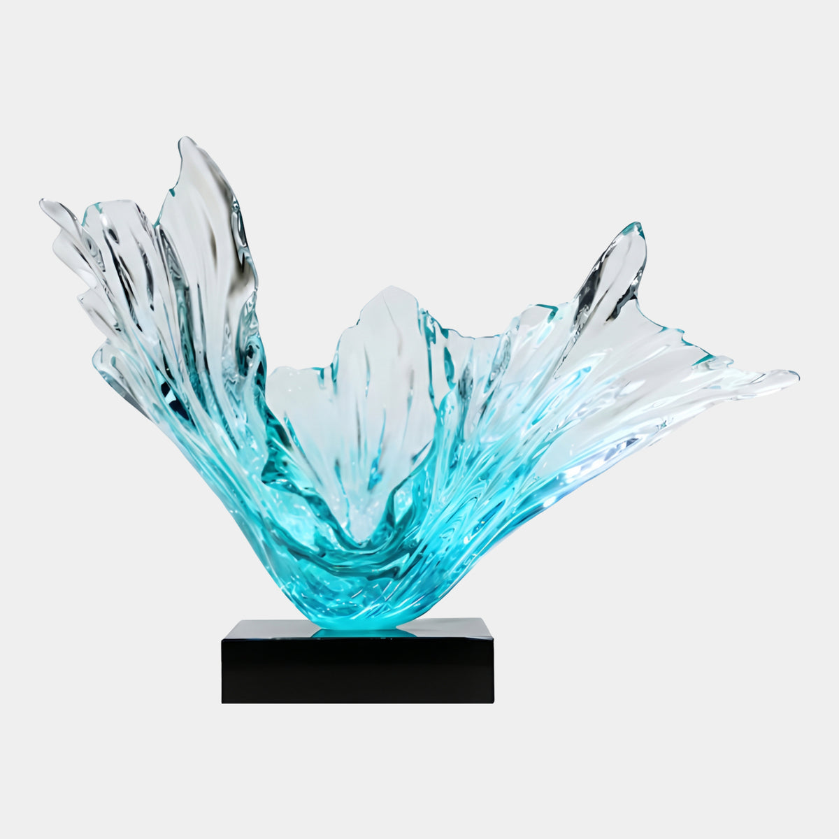 Aqua Flared Splash Resin Sculpture - 72cm, a wave-like form with pointed clear-to-aqua blue tips on a black base, shown against a plain white background.