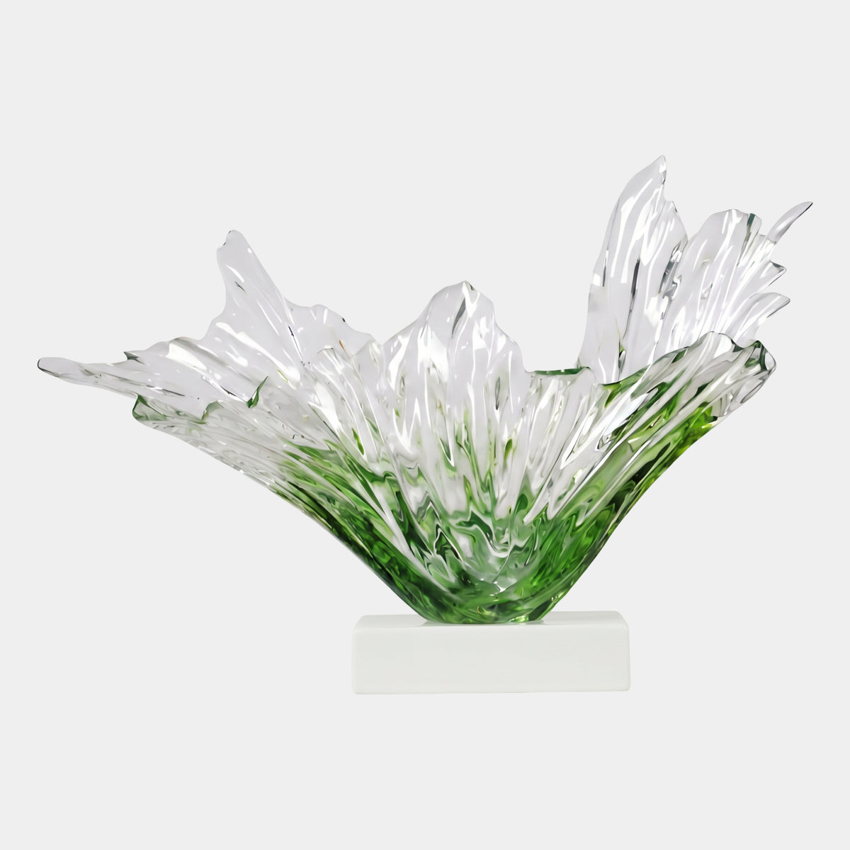 Green & Clear Flared Splash Resin Sculpture - 72cm, wave-like torn rim with flame-like points, green base fading to clear, on a white rectangular stand against a plain background.