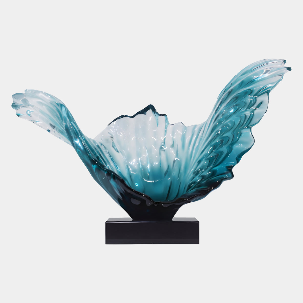 Teal Ribbed Twin Wing Fan Resin Sculpture (82cm) by Giant Sculptures, ribbed asymmetrical wings in blue-green resin on a black rectangular base, plain light grey background.