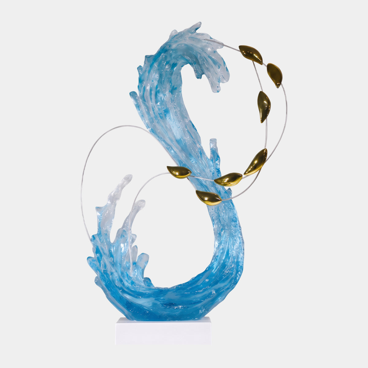 Sky Blue Upswept Wave & Gilt Leaves Resin Sculpture, 87cm, S-shaped frosted-tip wave with gold leaves on silver wire rings, on a white base against a light background.