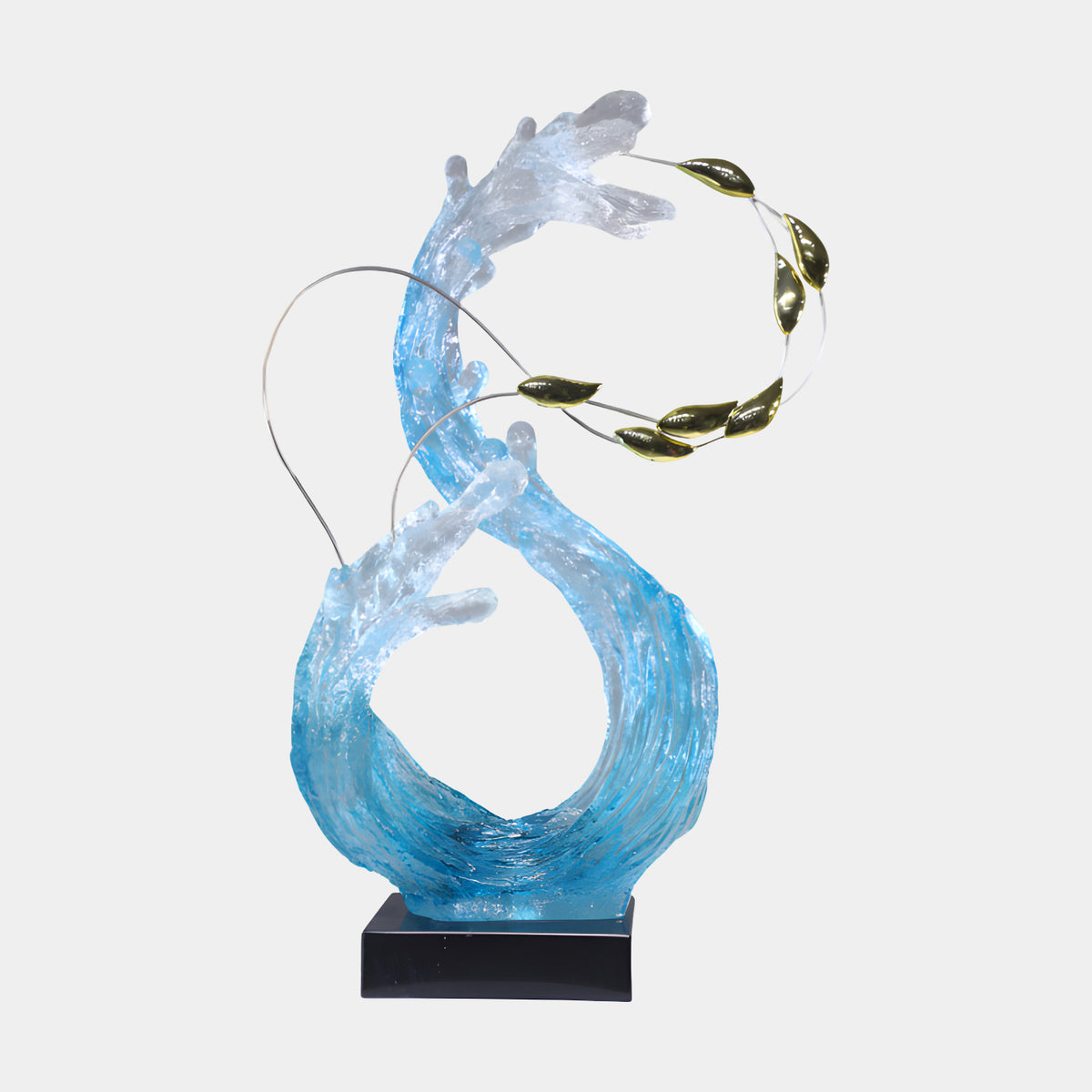 Sky Blue Climbing Wave & Gilt Leaves Resin Sculpture, 94cm, figure-eight wave in frosted blue resin with gold leaf accents on wire, set on a black marble base against a white background.