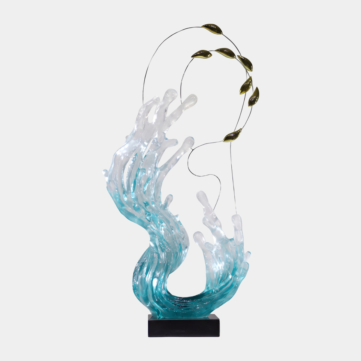 Aqua Splayed Crest Wave & Gilt Leaves Resin Sculpture, 101cm, blue-to-white wave form with gilded leaves on arching wires, black base, plain white background.