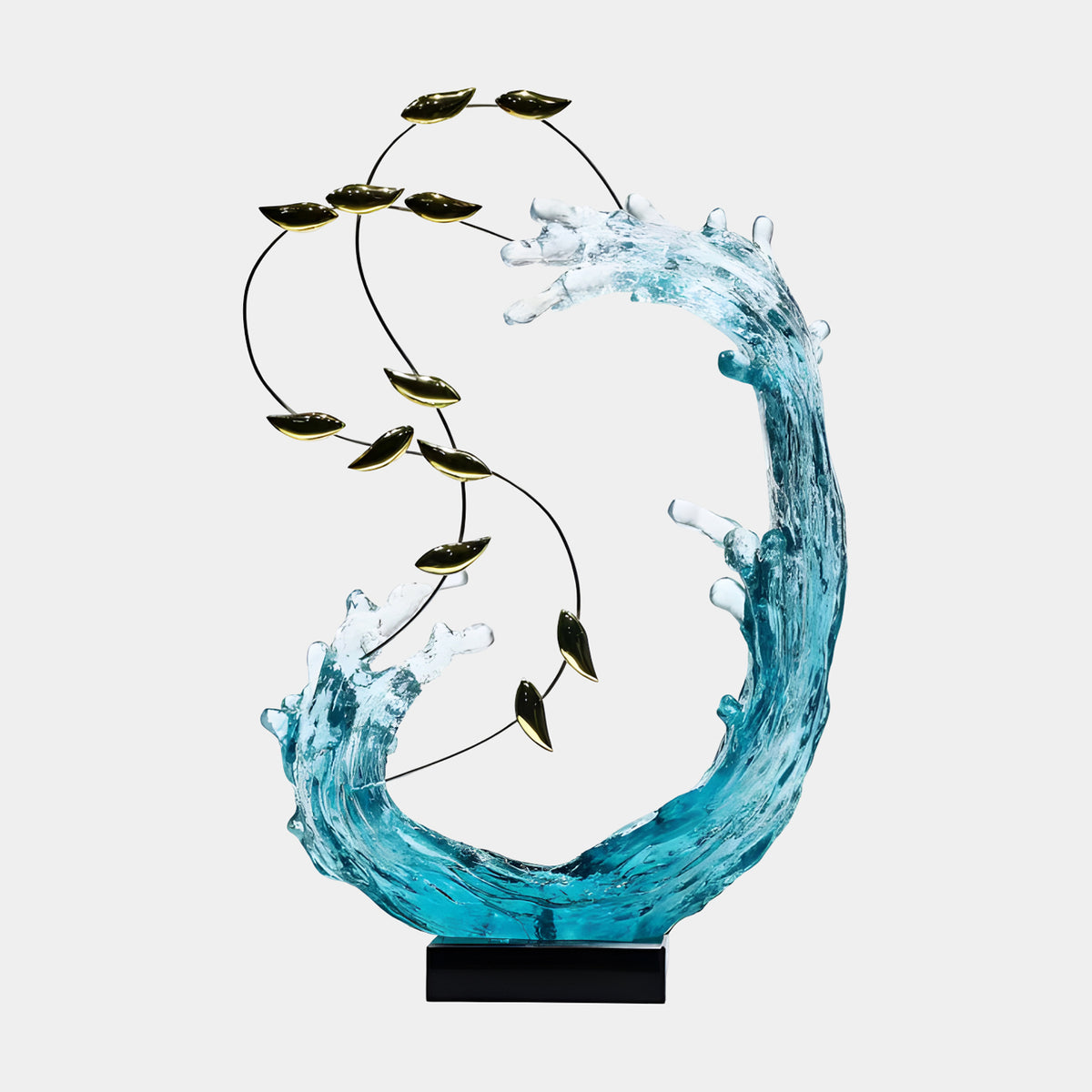 Aqua Crescent Curl Wave & Gilt Leaves Resin Sculpture, 104cm, curling blue wave enclosing gold metal leaves on wire, black base, plain white background.