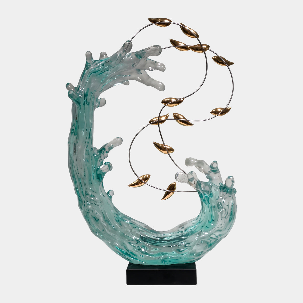 Pale Teal Crescent Curl Wave & Copper-Tone Leaves Resin Sculpture, 104cm, curling teal wave with copper leaves on wires, black base, plain white background.