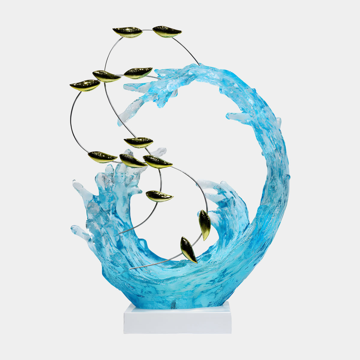 Blue Curved Wave & Gilt Leaves Resin Sculpture - 87cm, a curling blue wave with gilded leaves on silver wires, set on a white base against a light background.