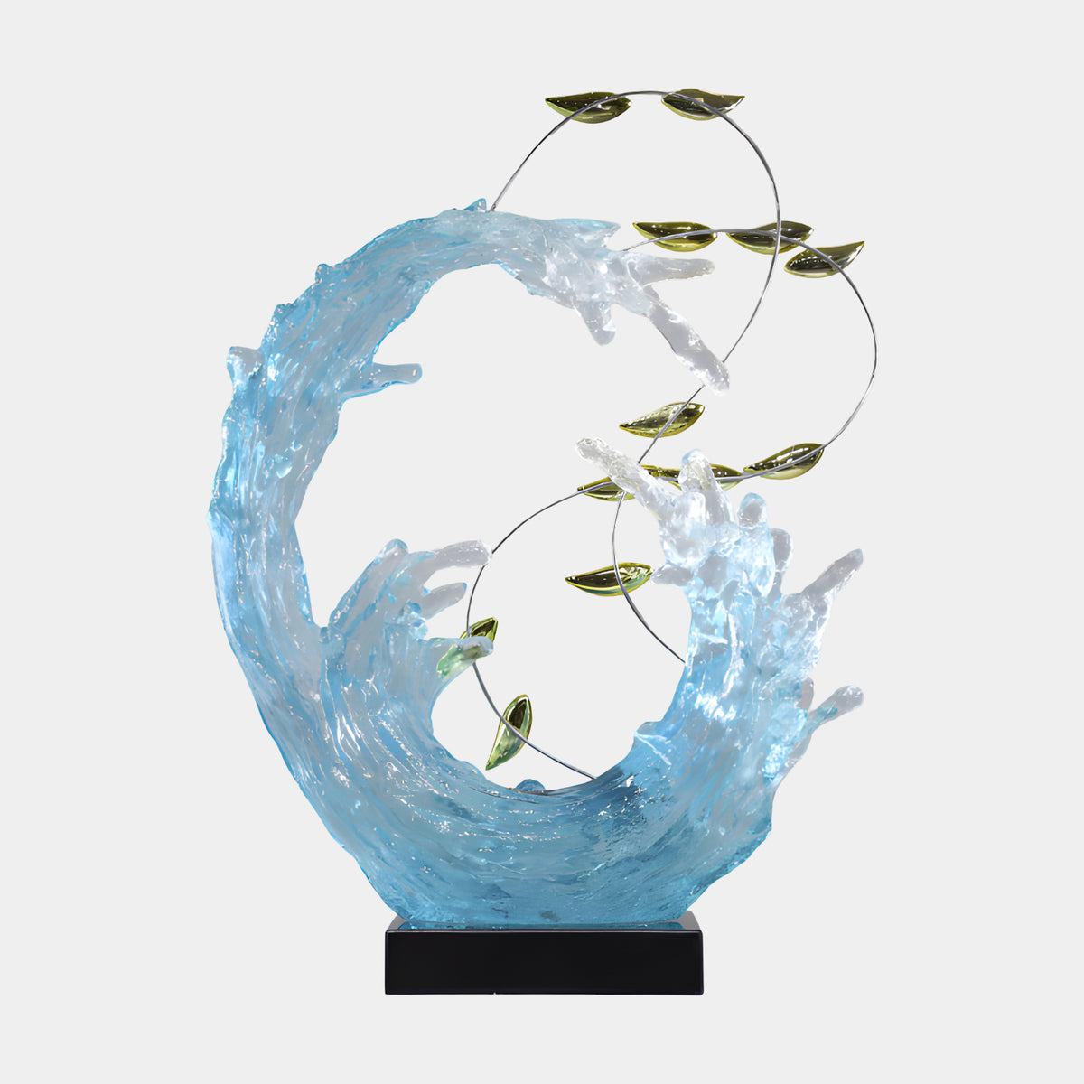 Ice Blue Curved Wave & Gilt Leaves Resin Sculpture, 87cm, with gold leaves on silver wires looping through the crest, on a black base against a white background.