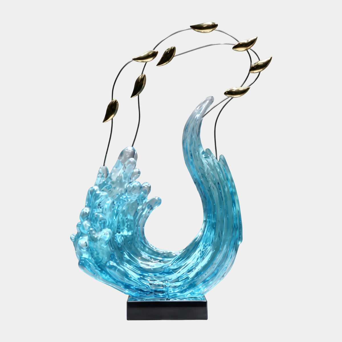 Turquoise Wave & Gilt Leaves Resin Sculpture, 103cm, curling blue wave with gilded leaves on arched wires, black base, plain white background.