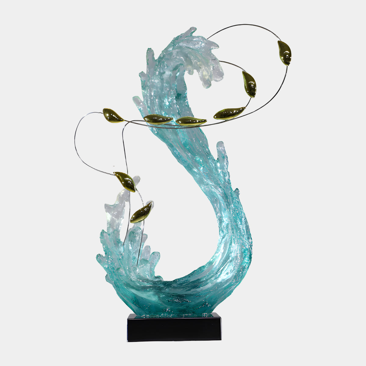 Aqua Upswept Wave & Gilt Leaves Resin Sculpture, 87cm, with gold metal leaves on wire stems curling above the crest, set on a black marble base against a plain white background.