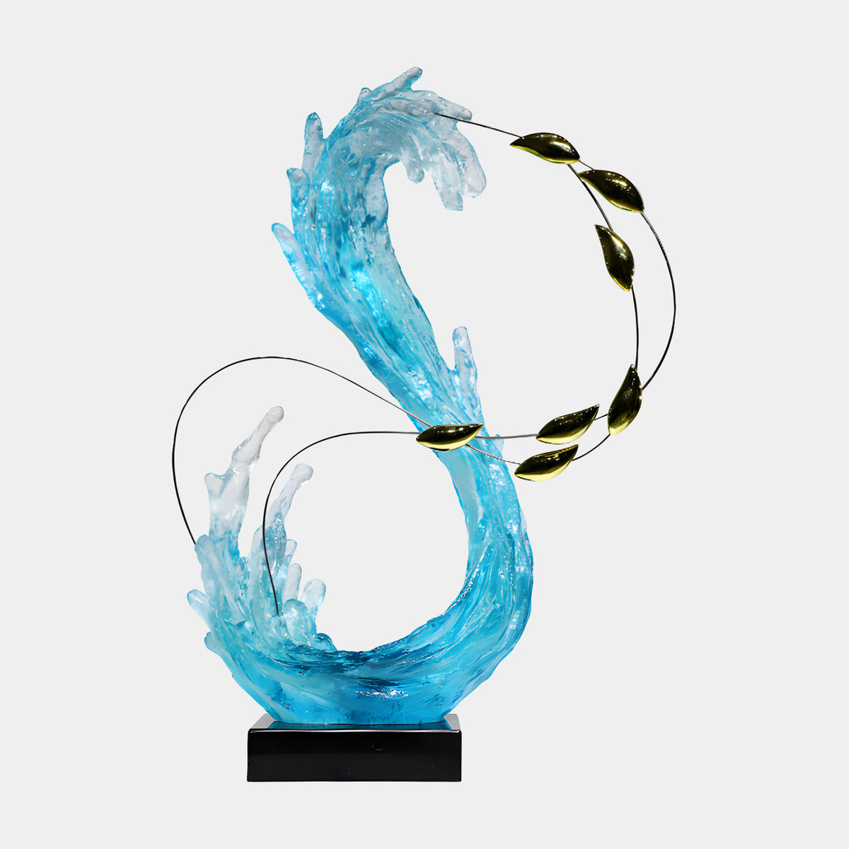 Blue Upswept Wave & Gilt Leaves Resin Sculpture, 87cm, S-curved blue wave with white-tipped crest, gilded leaves on wire loops, black marble base, white background.