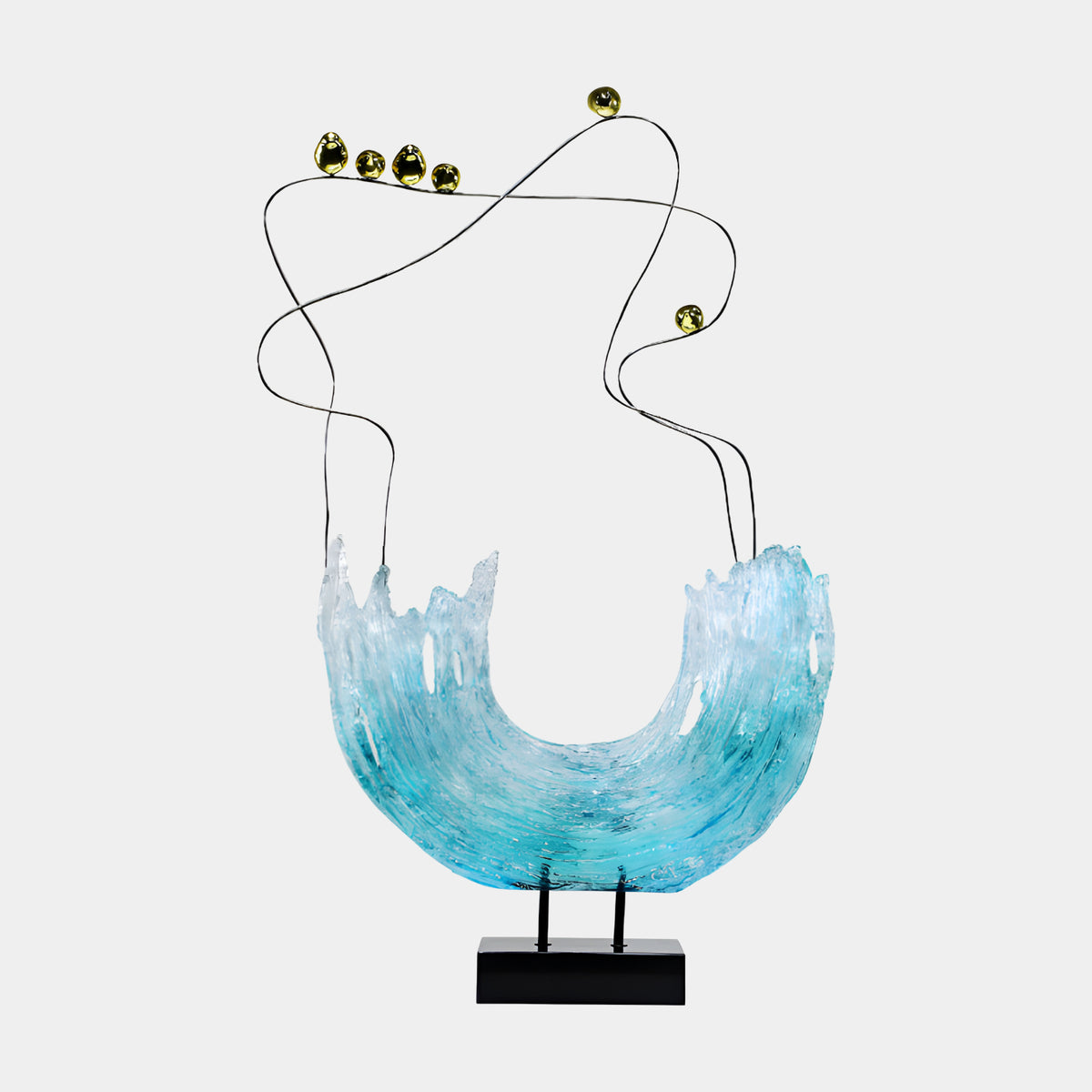 Teal Wave & Gilt Spheres Cast Resin Sculpture, 92cm, with a curved blue wave form and gold spheres on wire stems, set on a black base against a plain background.