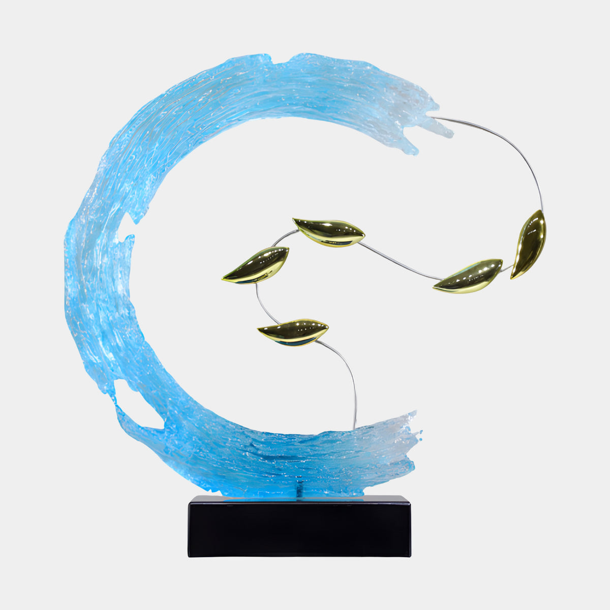 Blue Wave & Gold-Toned Leaves Cast Resin Sculpture, 70cm, a curved blue C-shaped resin arc with five gold leaves on a wire, set on a black marble base against a plain light background.