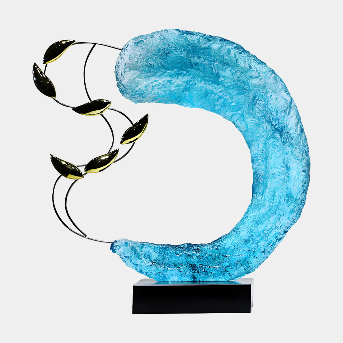 Aqua Crescent & Gilt Fish Cast Resin Sculpture, 64cm, with a textured blue crescent on a black marble base and six gold fish on wire, shown on a plain white background.