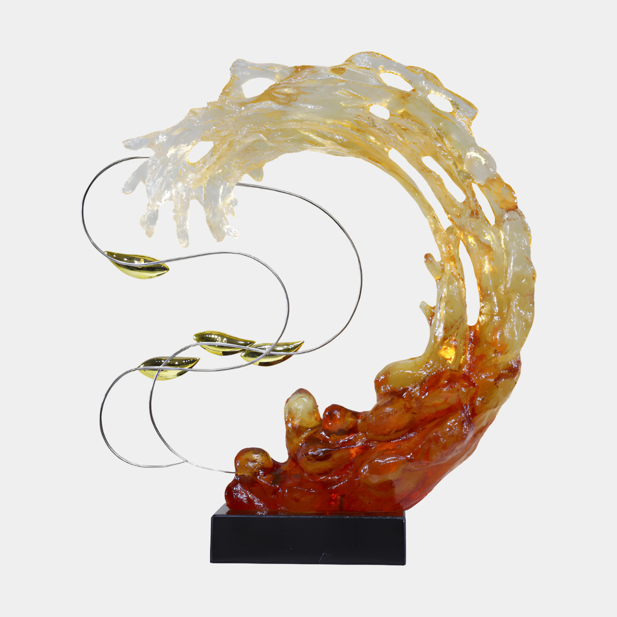 Amber Curling Wave & Gilt Shoal Resin Sculpture, 68cm, curling from deep red-amber to pale honey with gilded fish on wire loops, black marble base, white background.