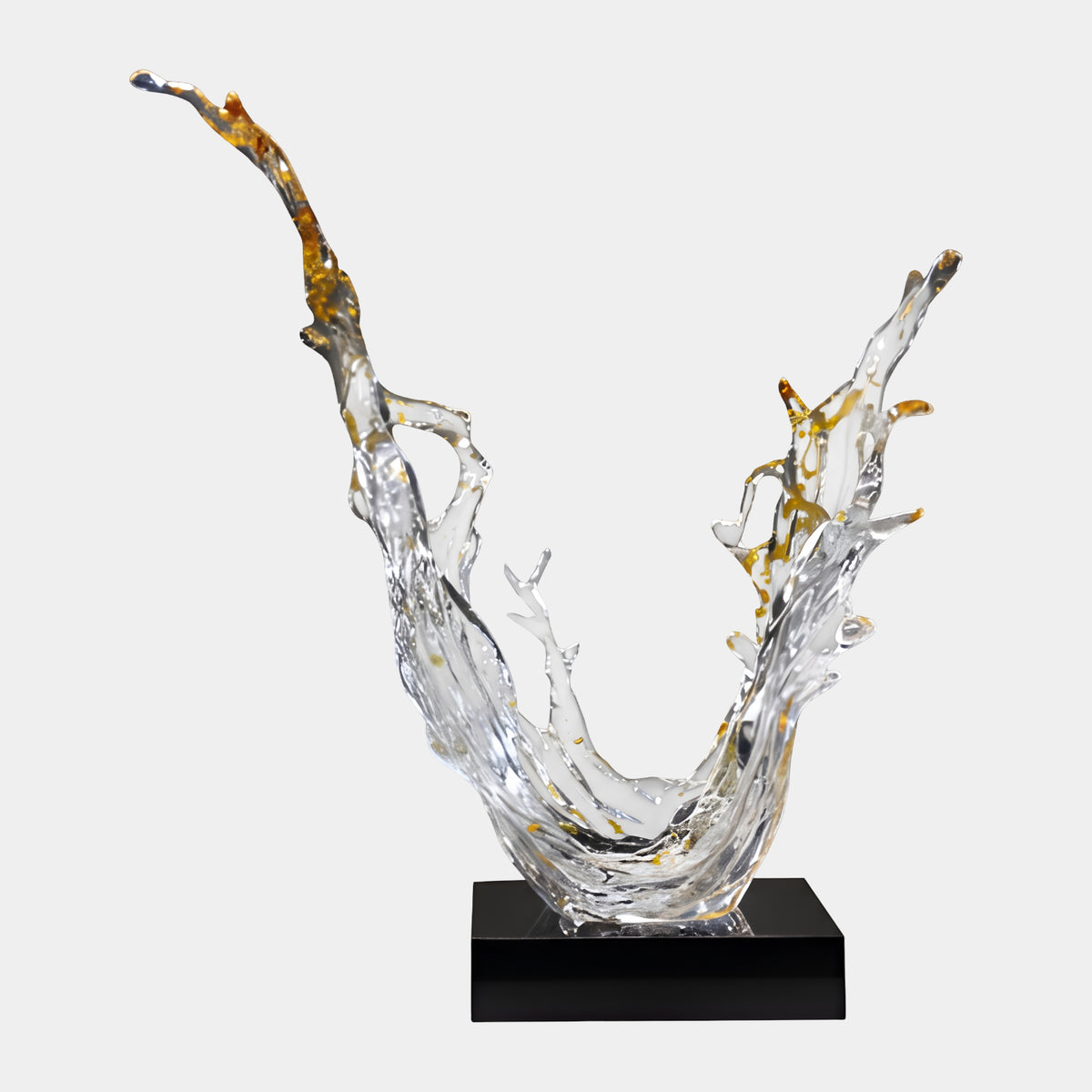 Clear Gold Fleck Twin Arm Splash Resin Sculpture, 115cm, two wave-like arms rising in a V with gold flecks concentrated at the tips, on a black base against a plain white background.