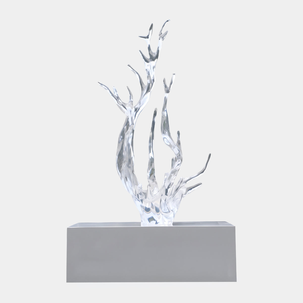 Clear Branching Spray Resin Sculpture, 199cm, clear branching forms rising into pointed tips on a long white marble base, shown against a plain light background.