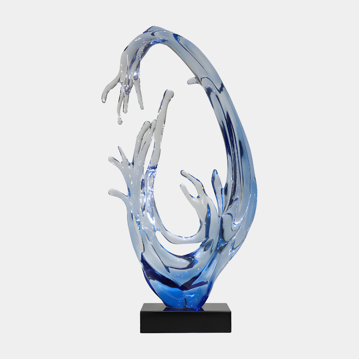 Cornflower Blue Fading Arch Wave Resin Sculpture, 90cm, with cobalt base paling to periwinkle at the crown, on a black rectangular base against a plain light background.