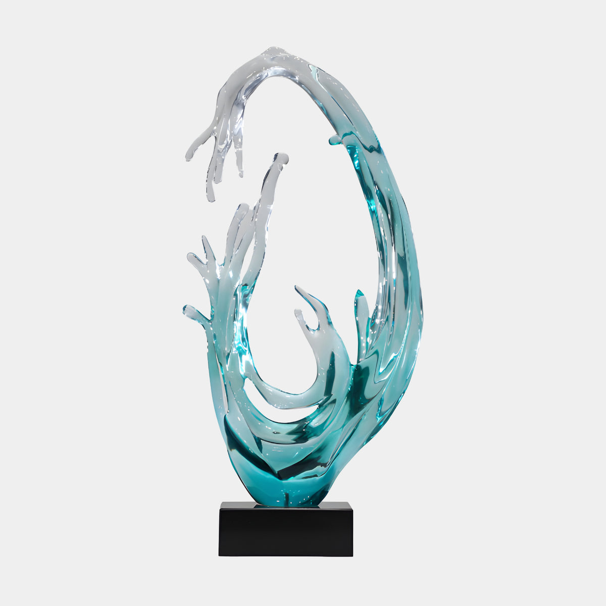 Turquoise Leaning Arch Wave Resin Sculpture - 90cm, an arching wave form in teal-to-clear resin on a black base, shown against a plain white background.
