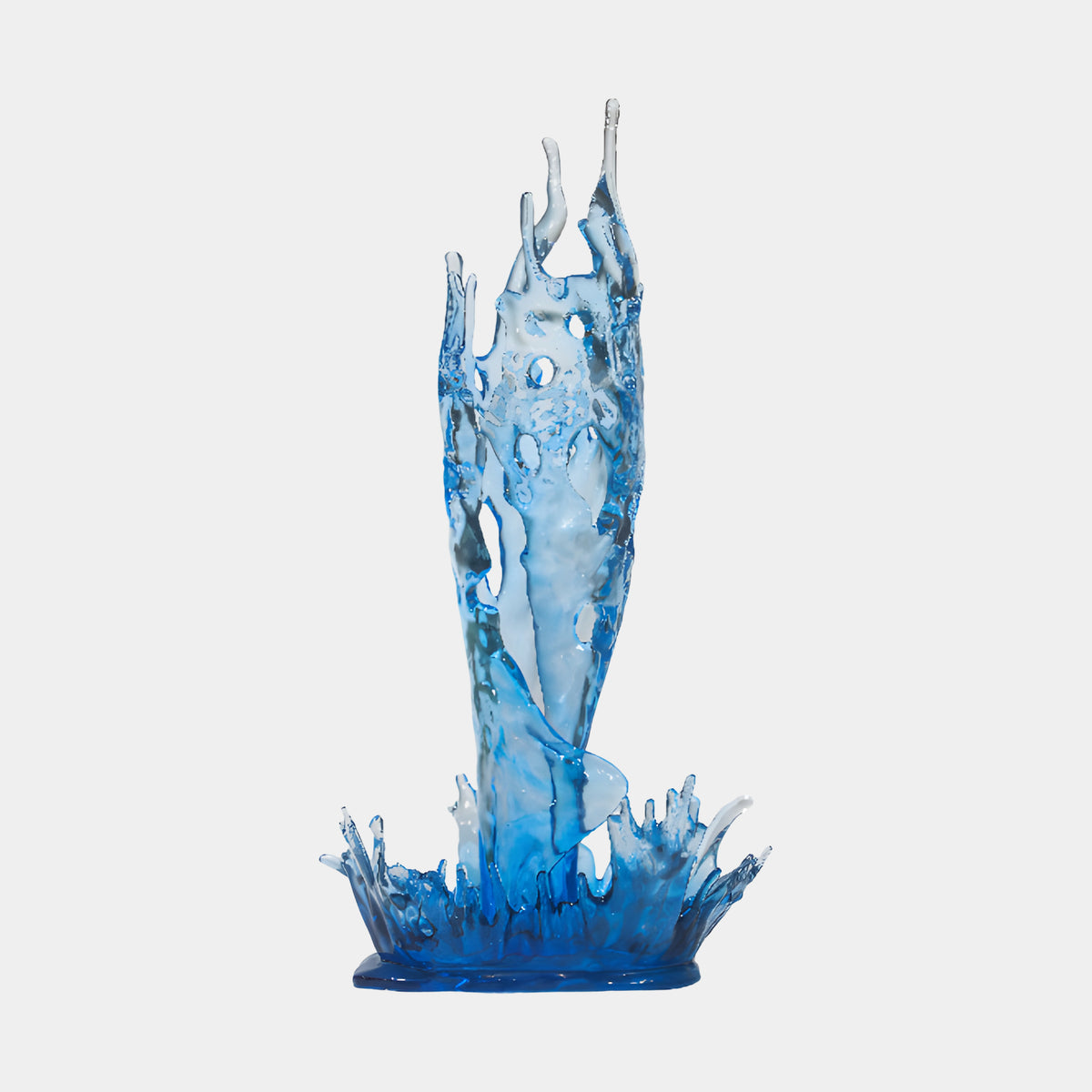 Blue Splash Column & Pool Cast Resin Sculpture, 100cm, a twisting blue water-column rising from a spiky splash pool, shown on a plain white background.