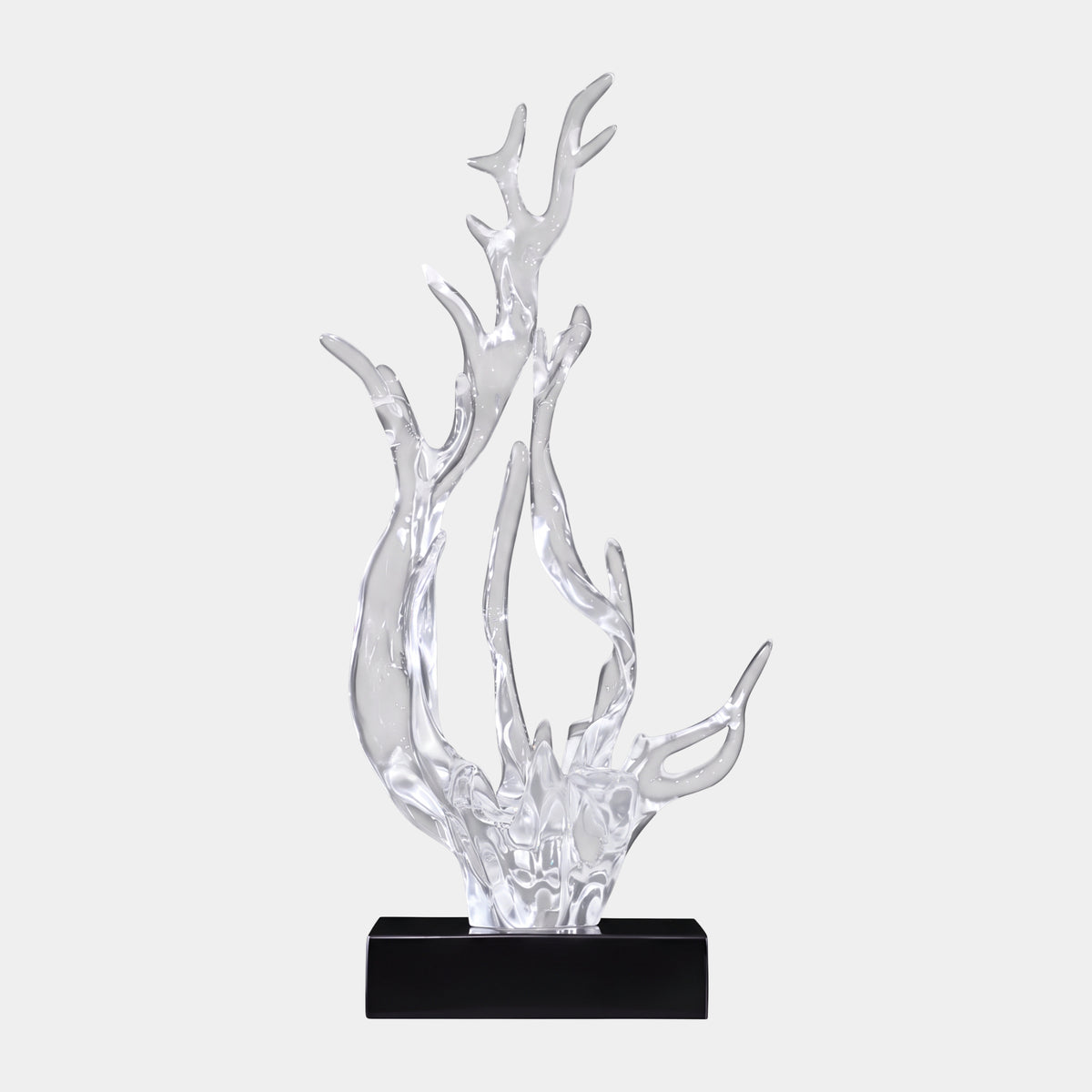 Clear Branching Point Splash Resin Sculpture, 76cm, with jagged antler-like branches rising from a black rectangular base on a plain light grey background.
