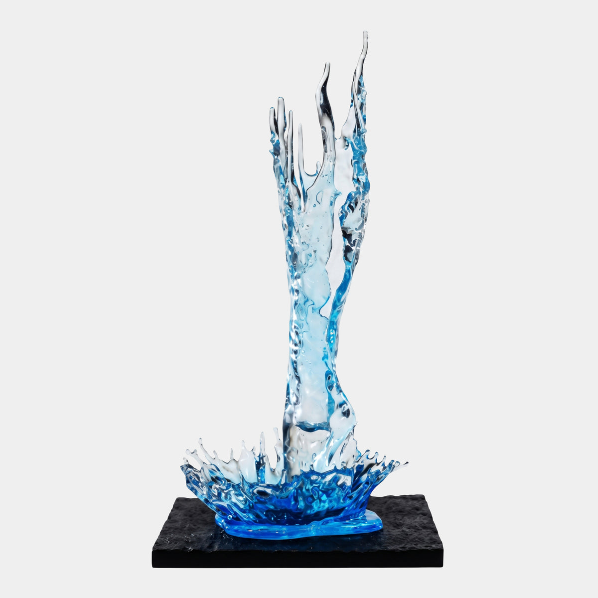 Blue Splash Column & Spray Resin Sculpture, 124cm, a twisting blue-to-clear water column rising from a spray base, on a black rectangular stand against a plain white background.