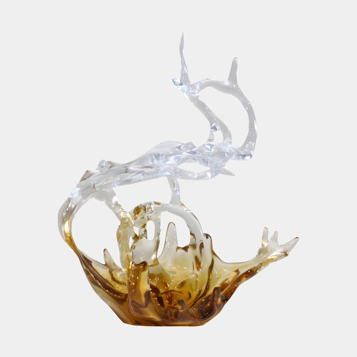 Honey Amber Bowl & Returning Arm Resin Sculpture, 65cm, with a clear curved arm sweeping from an amber-brown wave-form bowl, shown on a plain white background.