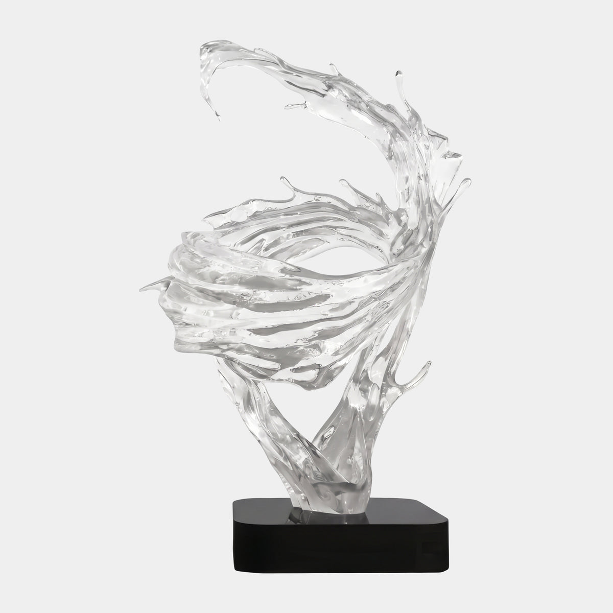 Clear Monumental Twisting Splash Resin Sculpture (373cm) on a black marble base, twisting water-like form with a curling crest, shown against a plain white background.