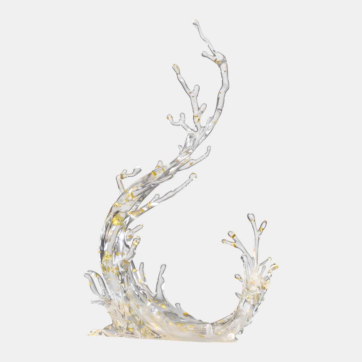 Clear Gold Fleck Twice Turned Splash Resin Sculpture (96cm) by Giant Sculptures, an S-curved wave form with gold flecks, standing on its base against a plain white background.