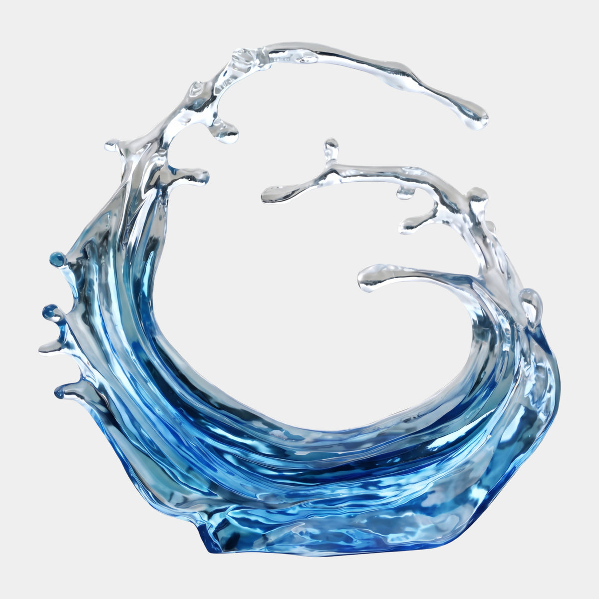 Blue & Clear Nested Curl Wave Resin Sculpture - 154cm, two curling crests with spray droplets fading from deep blue to clear resin, on a plain white background.