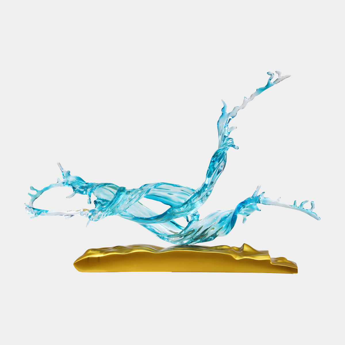 Aqua Wave on a Gold Cast Base Resin Sculpture - 70cm, twisting blue water ribbons rising from a gold swell-shaped base, shown on a plain white background.