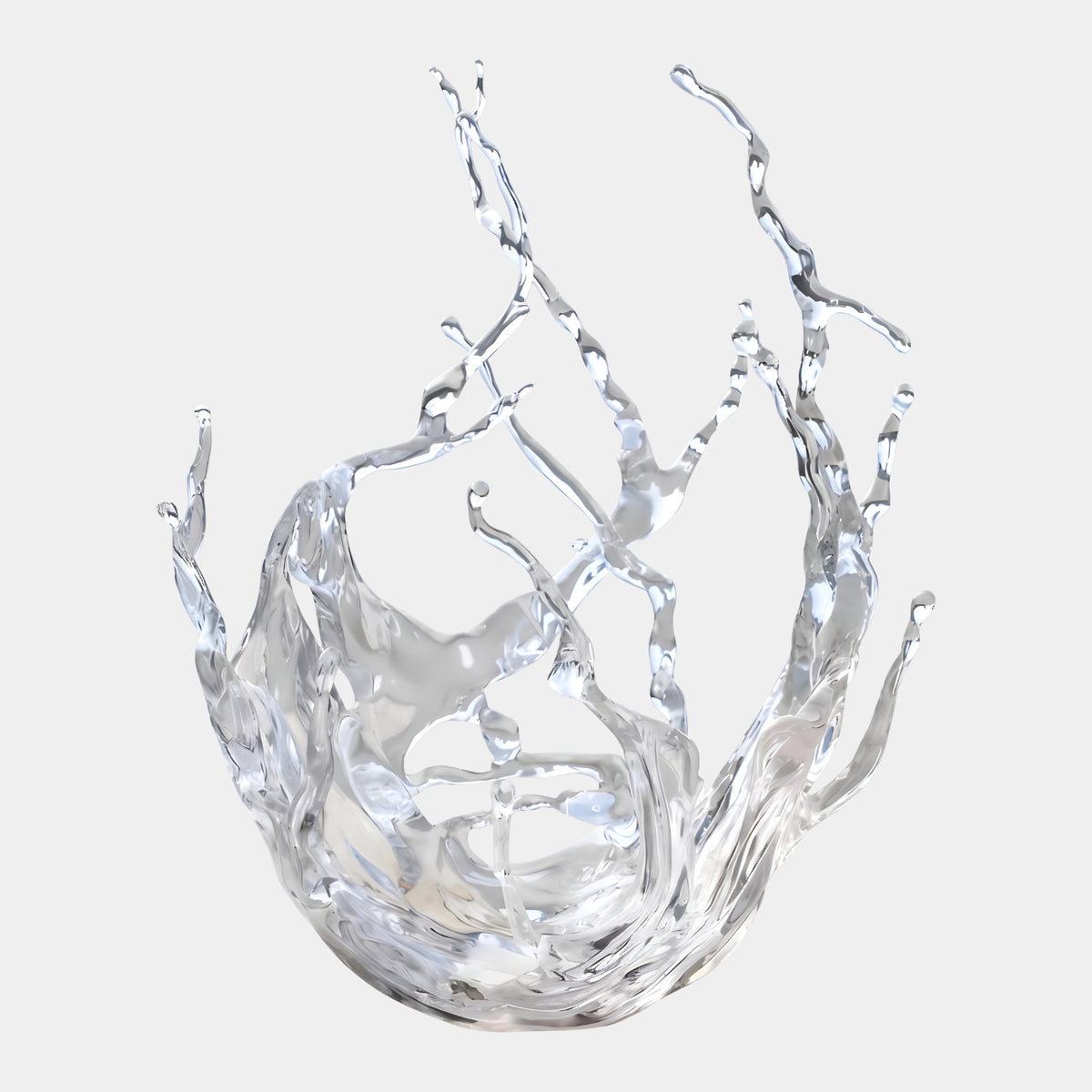 Clear Tendril Crown Splash Resin Sculpture (180cm) by Giant Sculptures, a bowl-shaped clear resin form with rising, branching tendrils, shown on a plain white background.