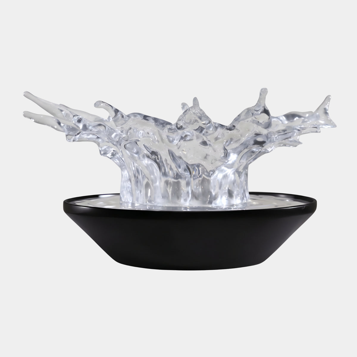 Clear Splash Crown in a Black Bowl Sculpture - 70cm, resin water splash with pointed fingers rising from a black bowl, shown on a plain white background.